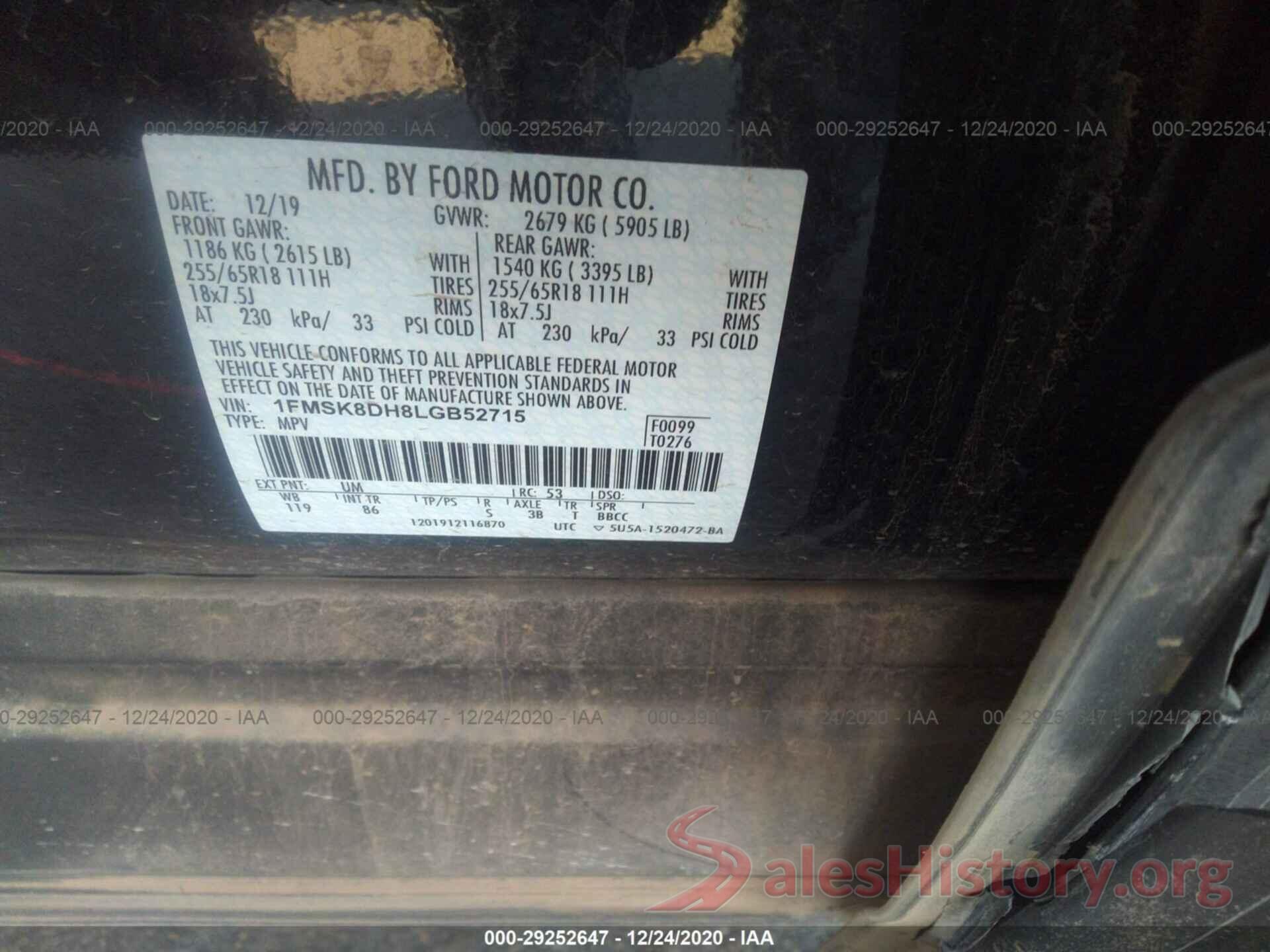 1FMSK8DH8LGB52715 2020 FORD EXPLORER