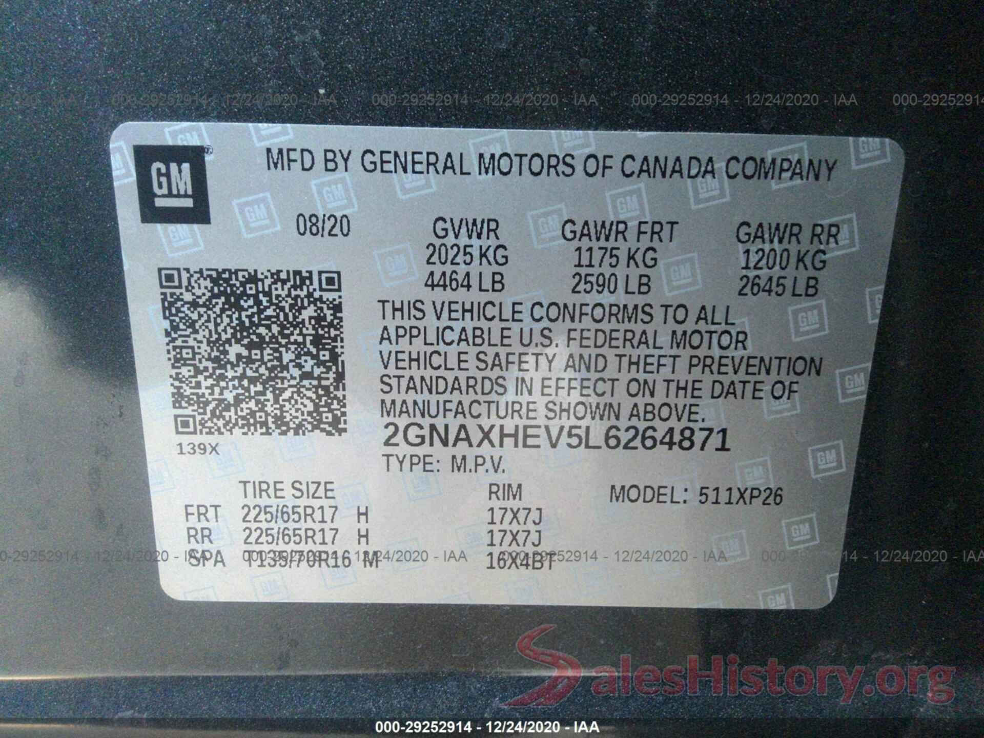 2GNAXHEV5L6264871 2020 CHEVROLET EQUINOX