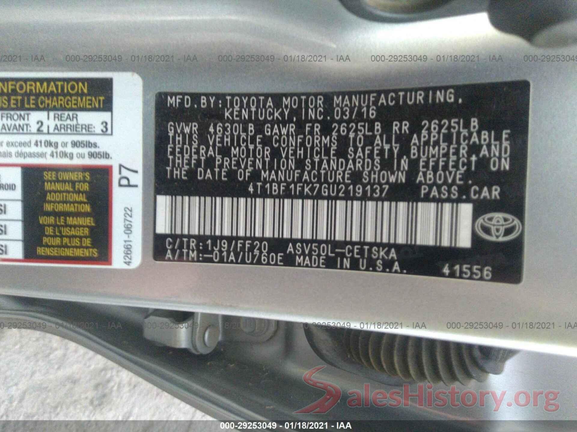 4T1BF1FK7GU219137 2016 TOYOTA CAMRY