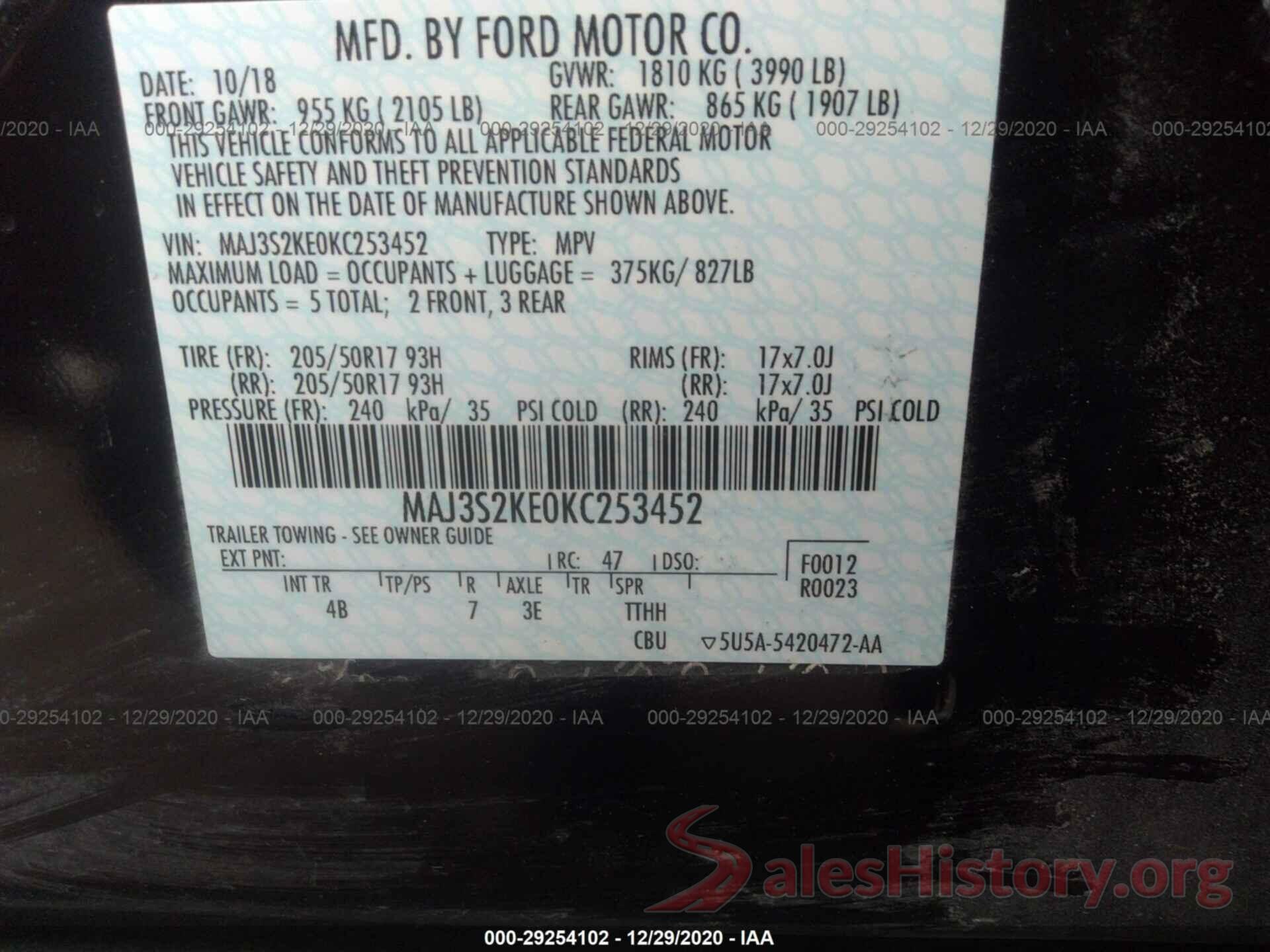 MAJ3S2KE0KC253452 2019 FORD ECOSPORT