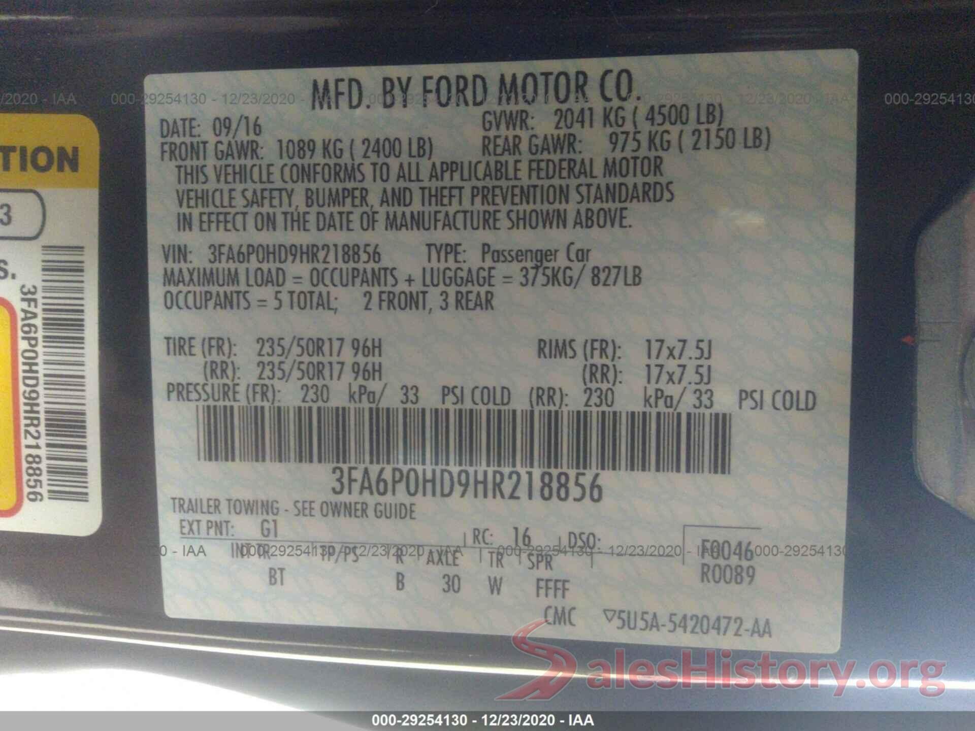 3FA6P0HD9HR218856 2017 FORD FUSION