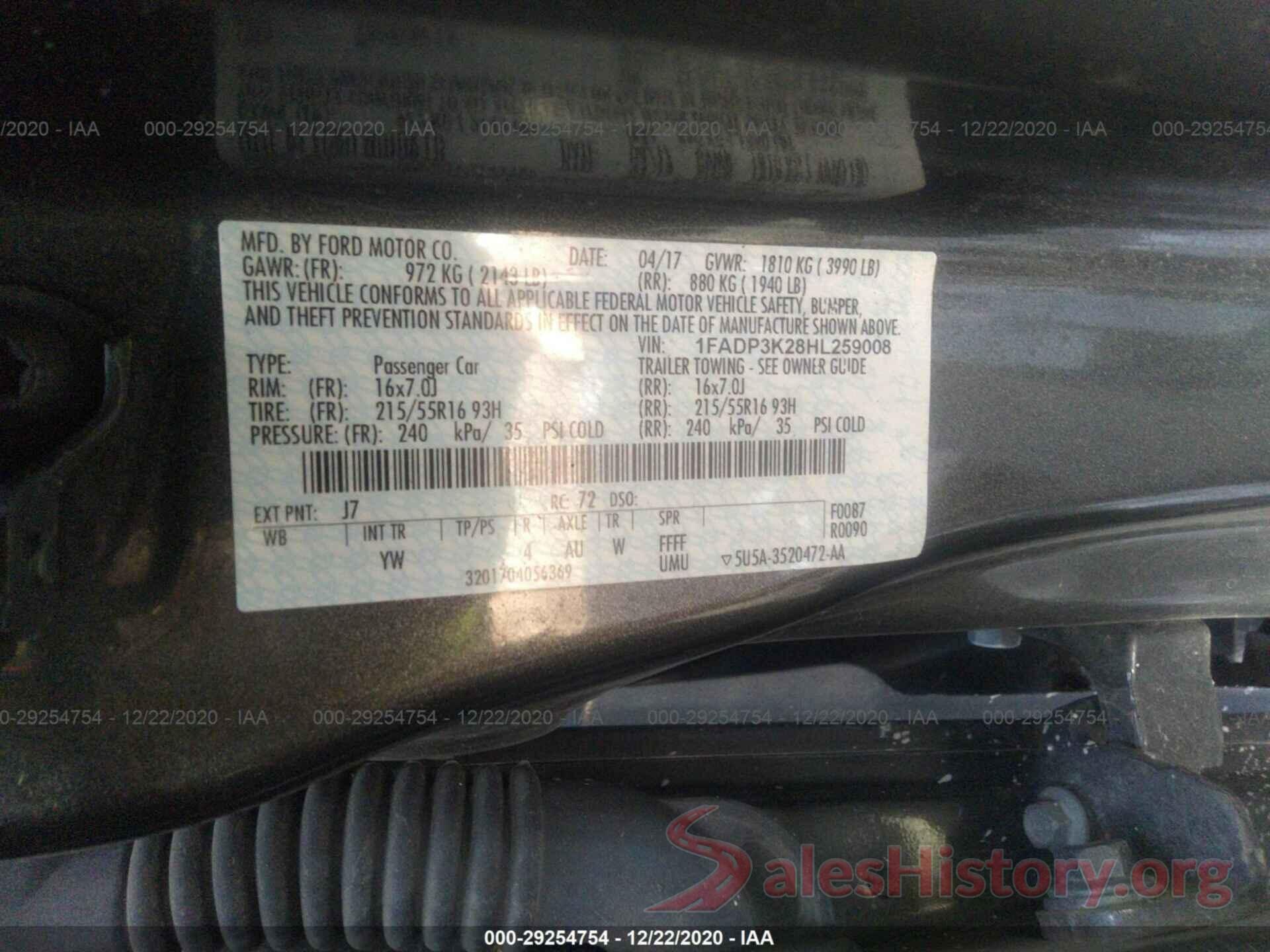 1FADP3K28HL259008 2017 FORD FOCUS