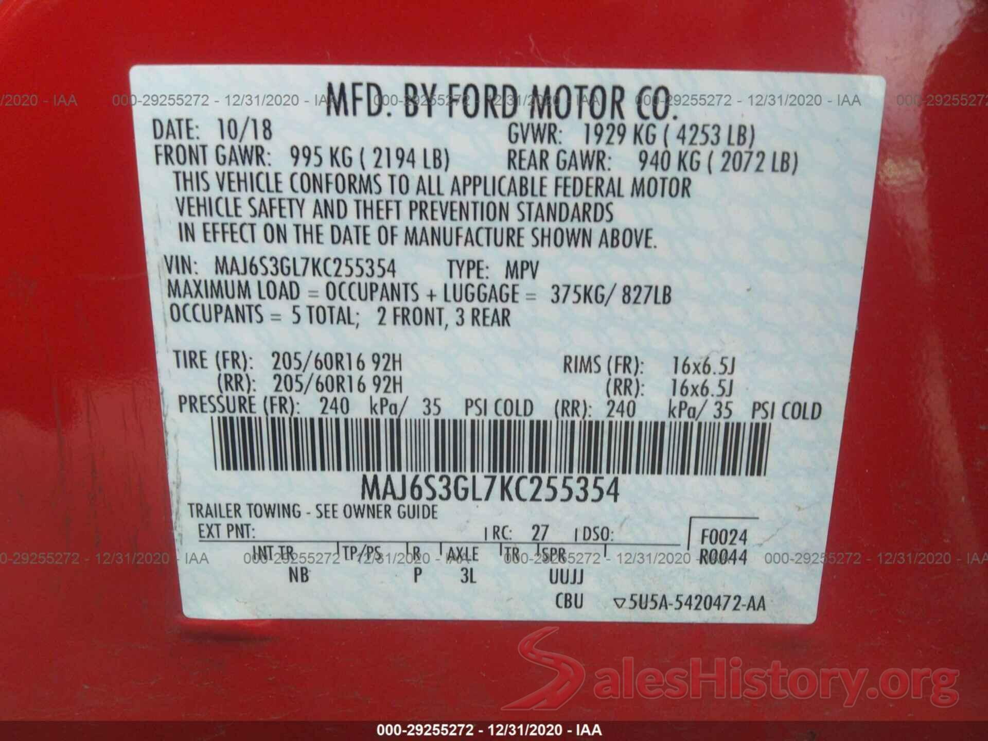 MAJ6S3GL7KC255354 2019 FORD ECOSPORT