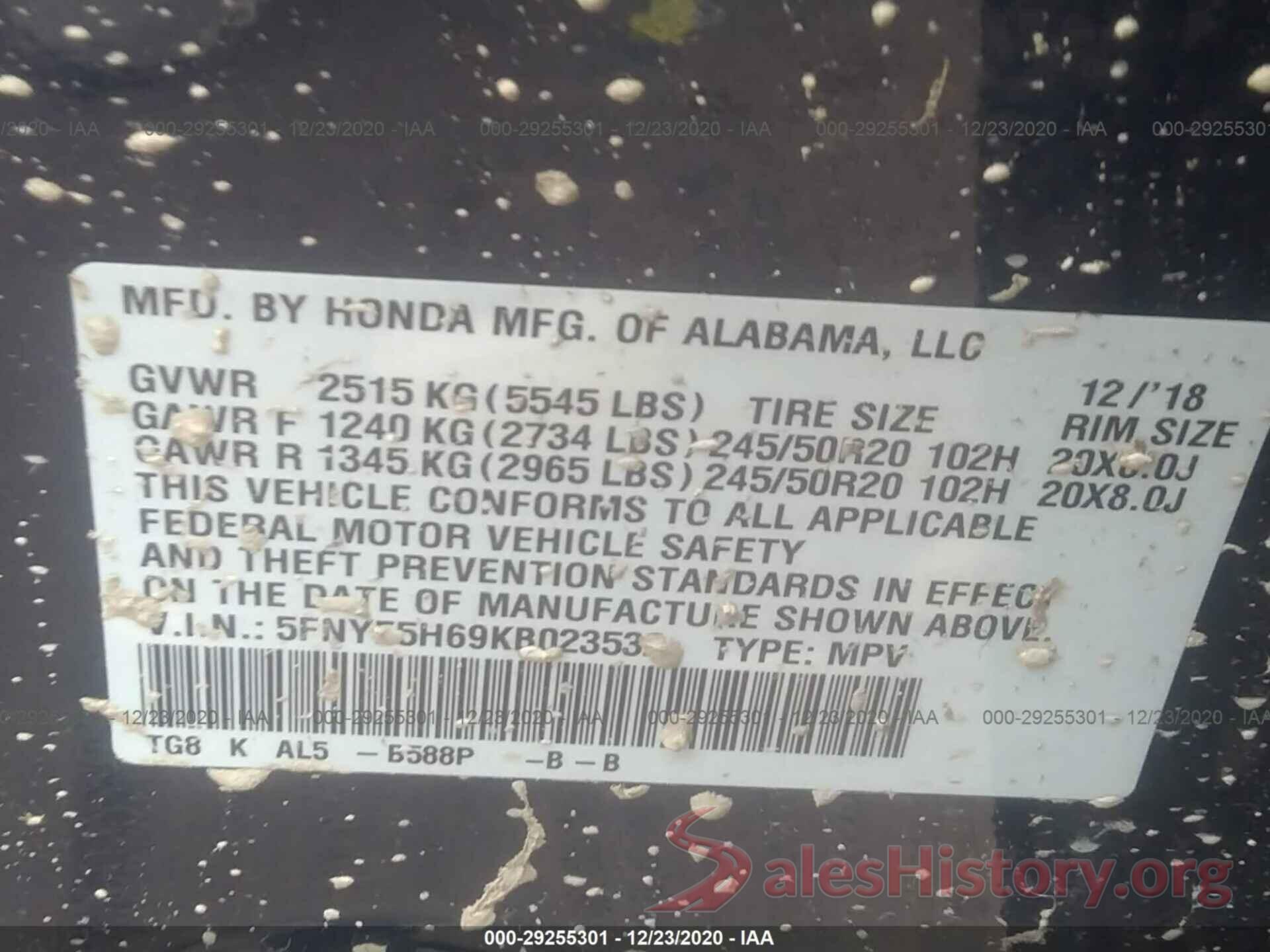 5FNYF5H69KB023532 2019 HONDA PILOT