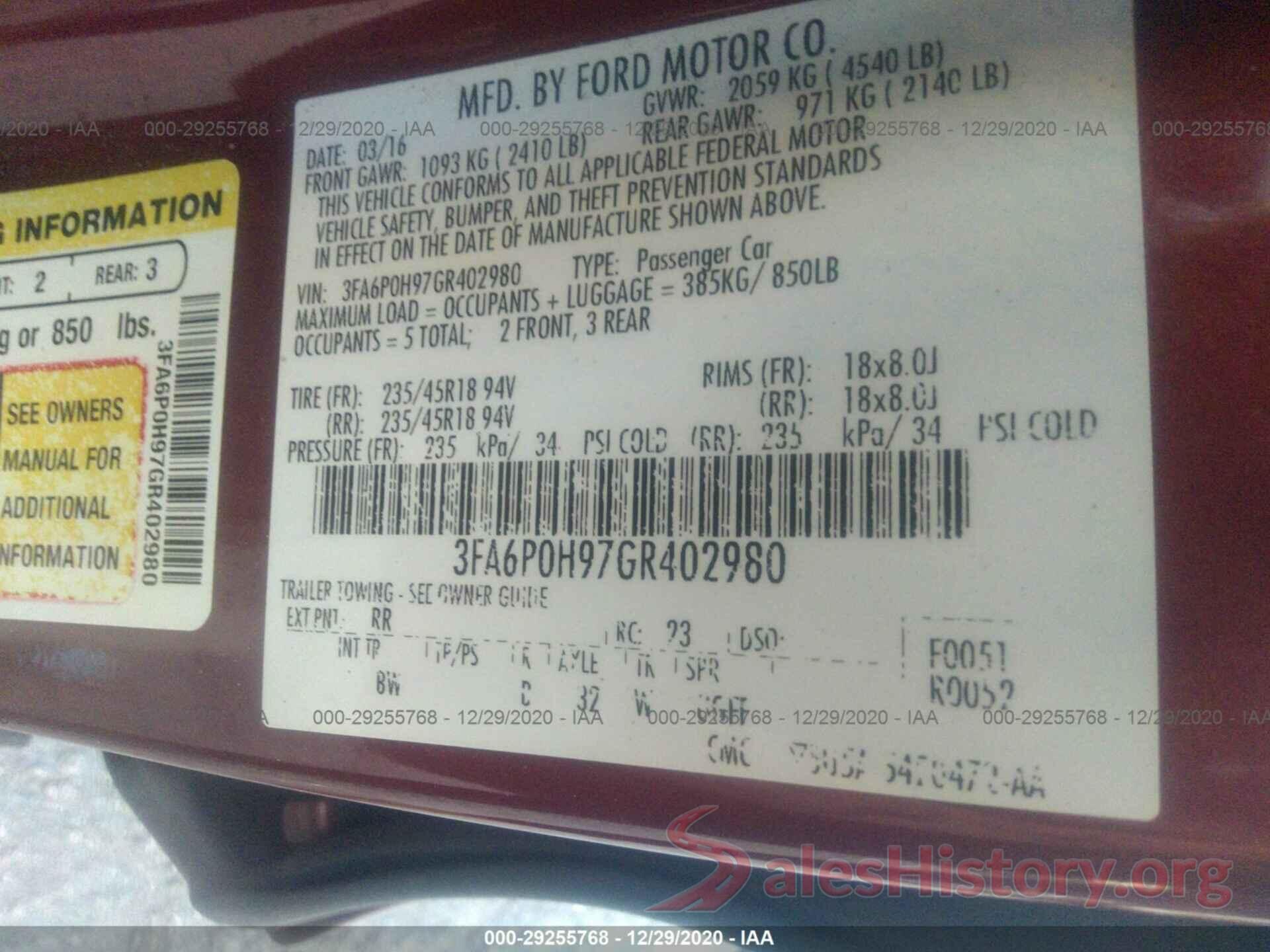 3FA6P0H97GR402980 2016 FORD FUSION