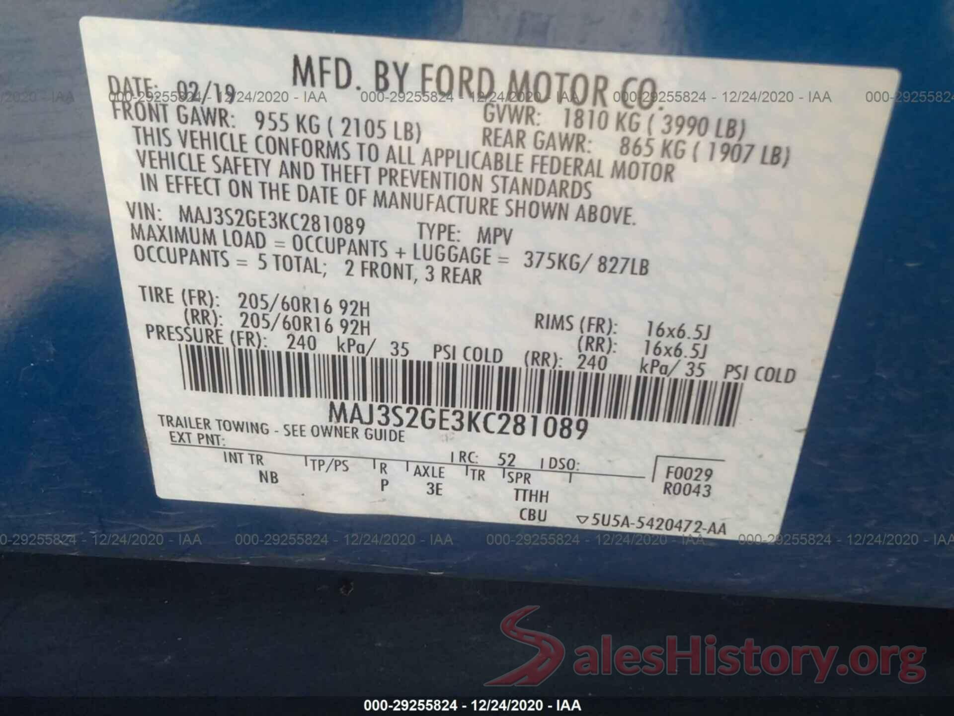 MAJ3S2GE3KC281089 2019 FORD ECOSPORT