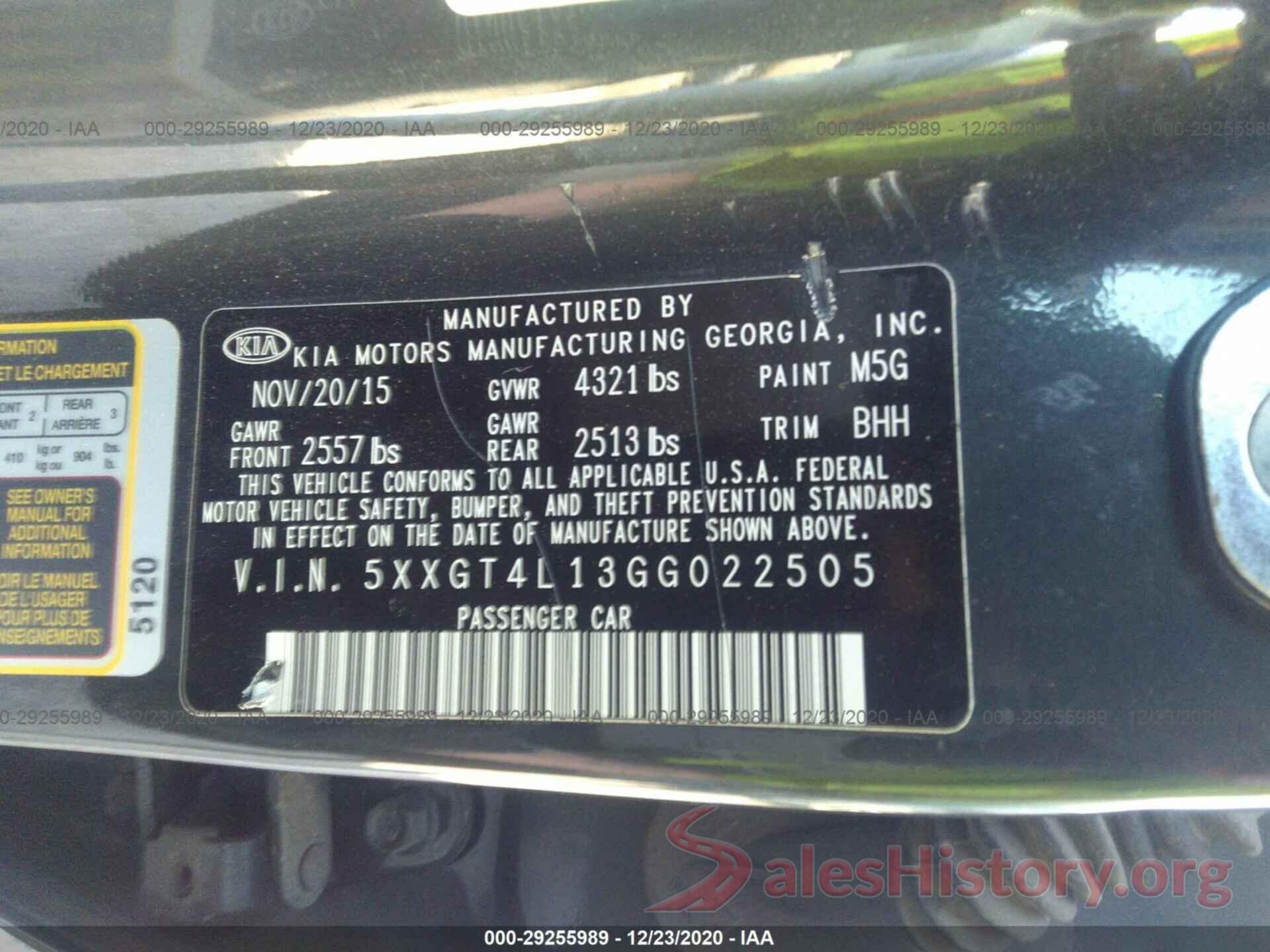 5XXGT4L13GG022505 2016 KIA OPTIMA