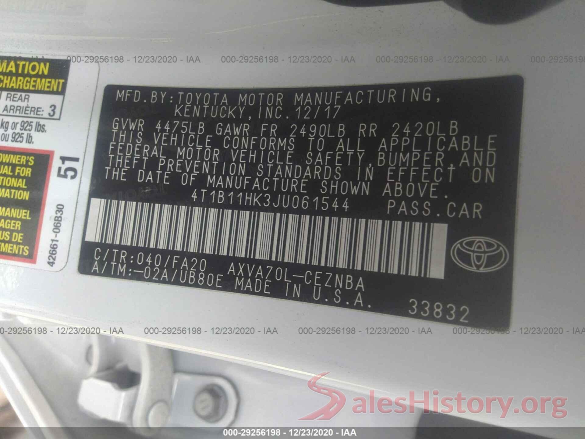 4T1B11HK3JU061544 2018 TOYOTA CAMRY