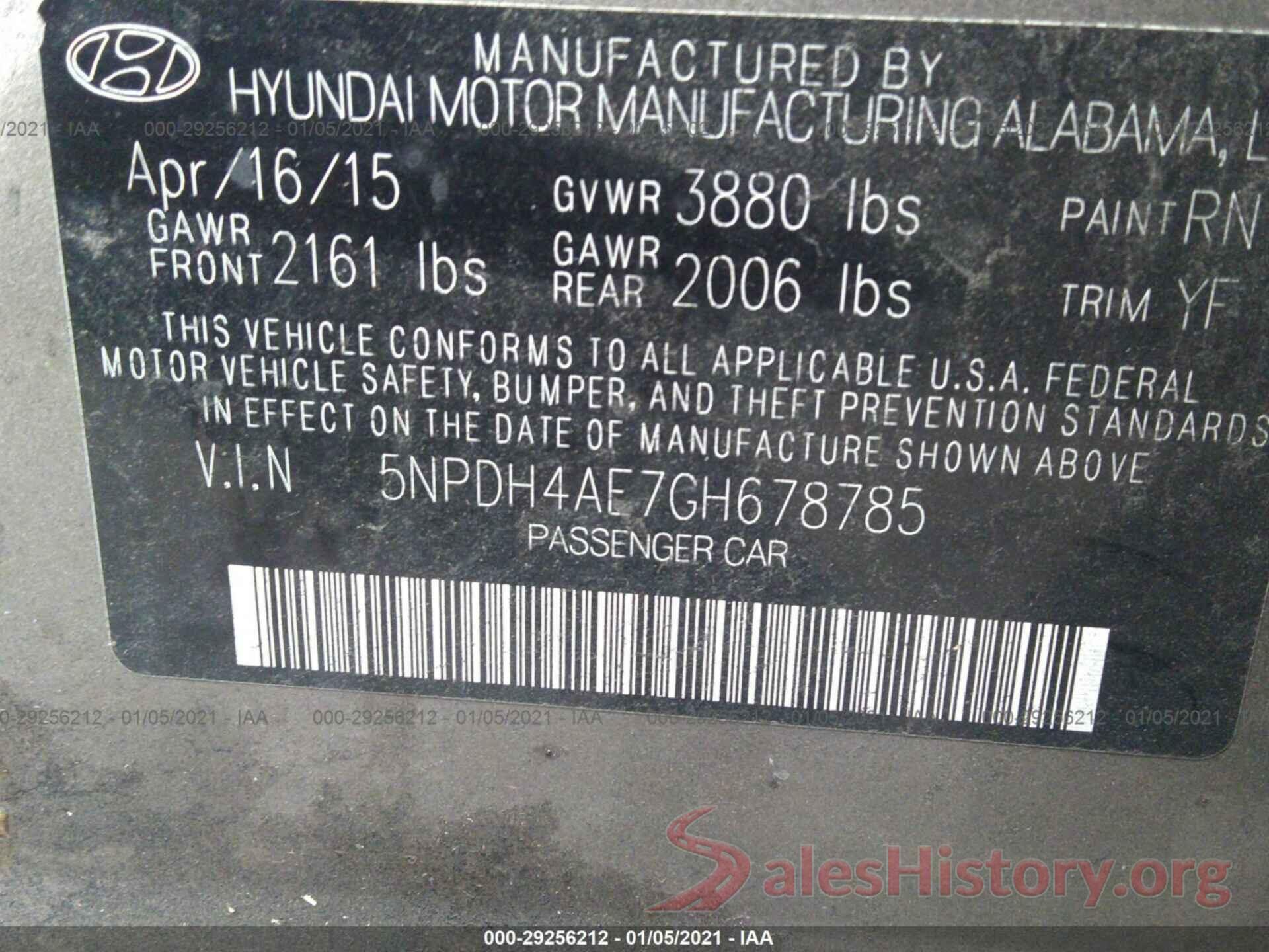 5NPDH4AE7GH678785 2016 HYUNDAI ELANTRA