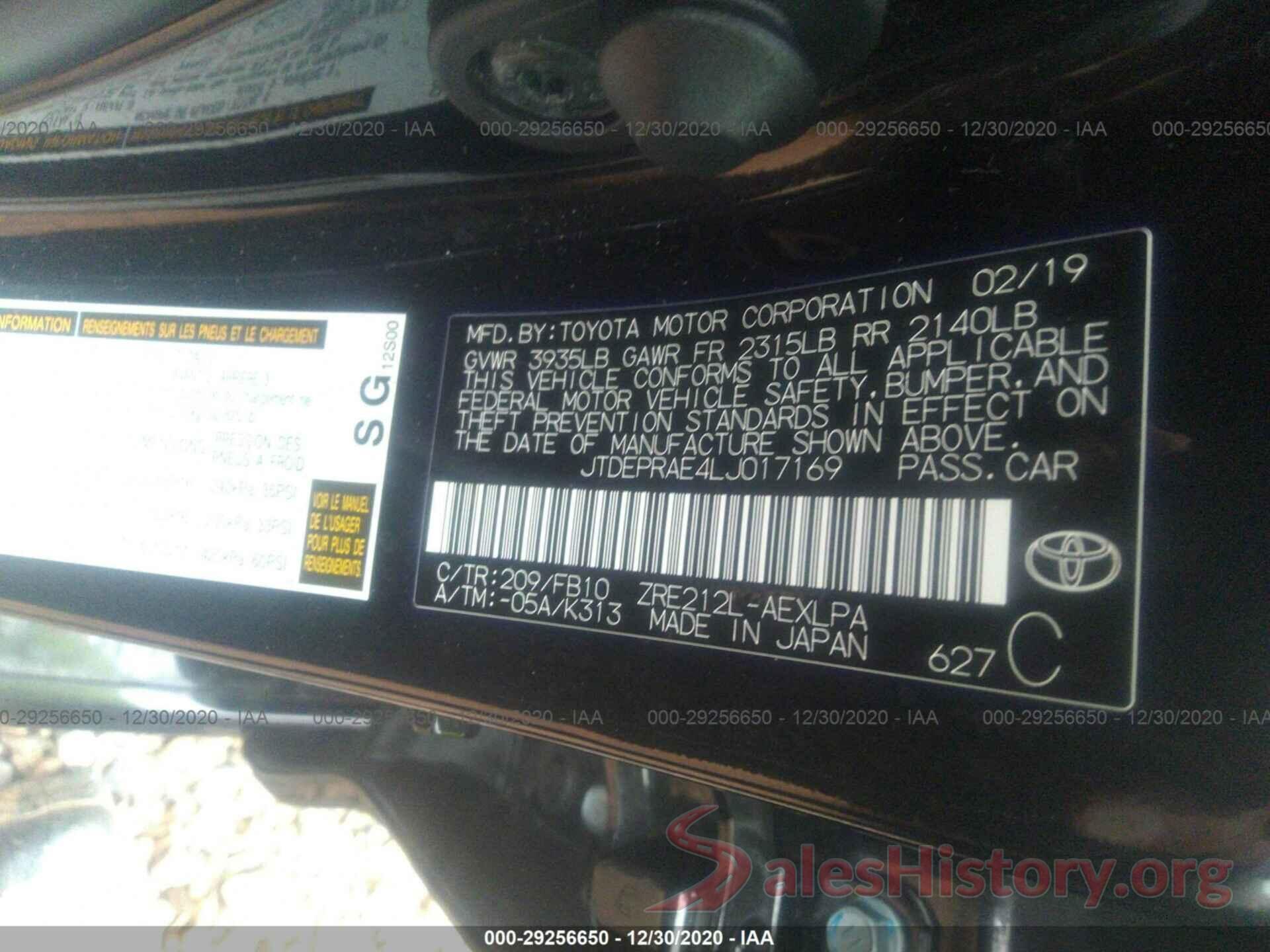 JTDEPRAE4LJ017169 2020 TOYOTA COROLLA