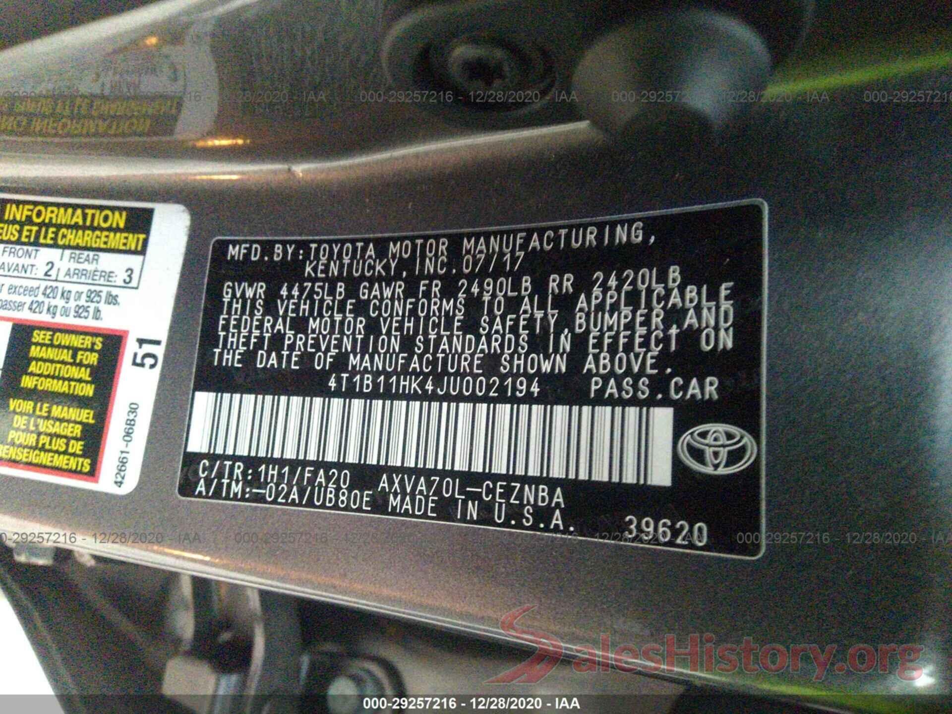 4T1B11HK4JU002194 2018 TOYOTA CAMRY