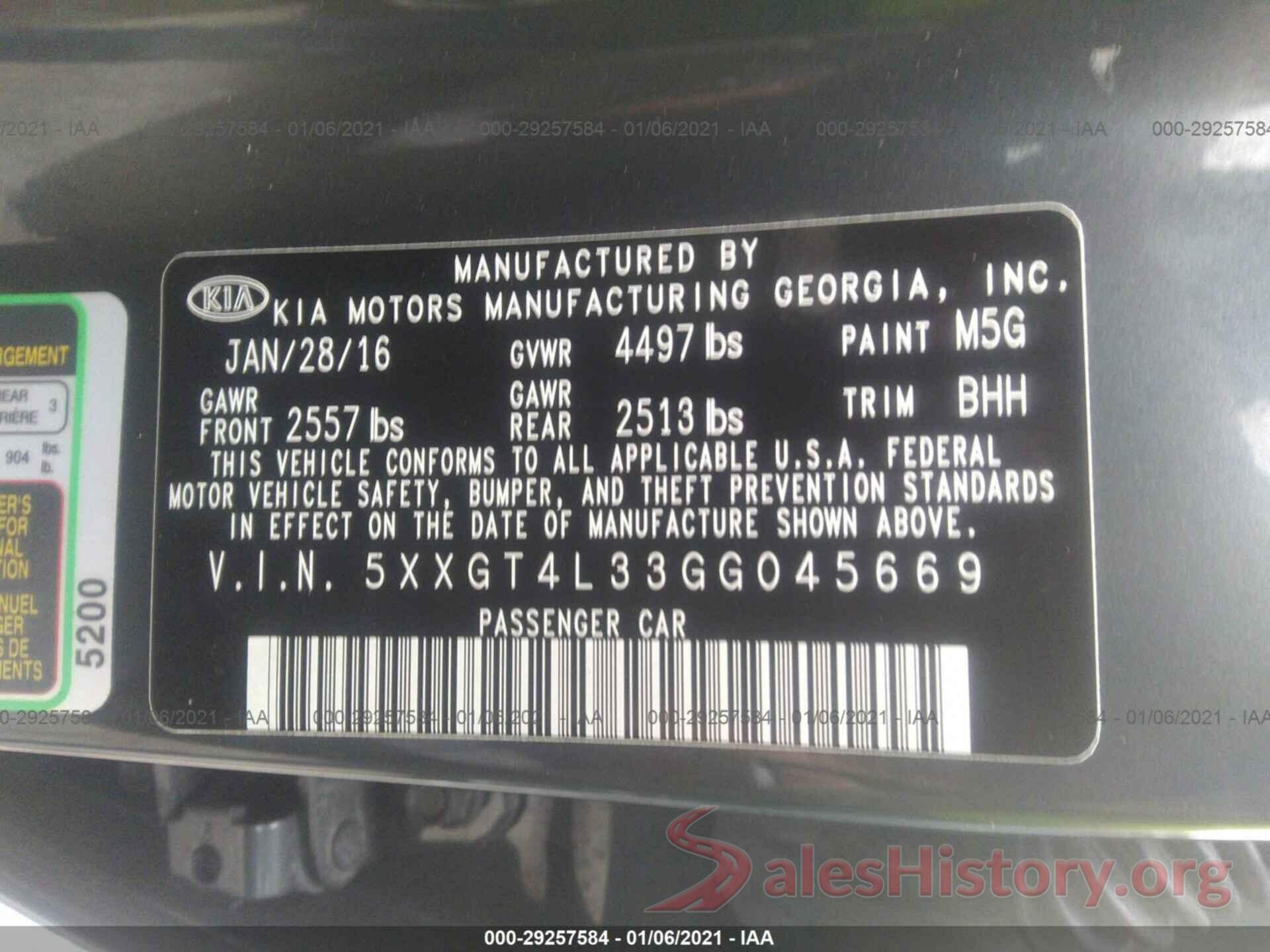 5XXGT4L33GG045669 2016 KIA OPTIMA