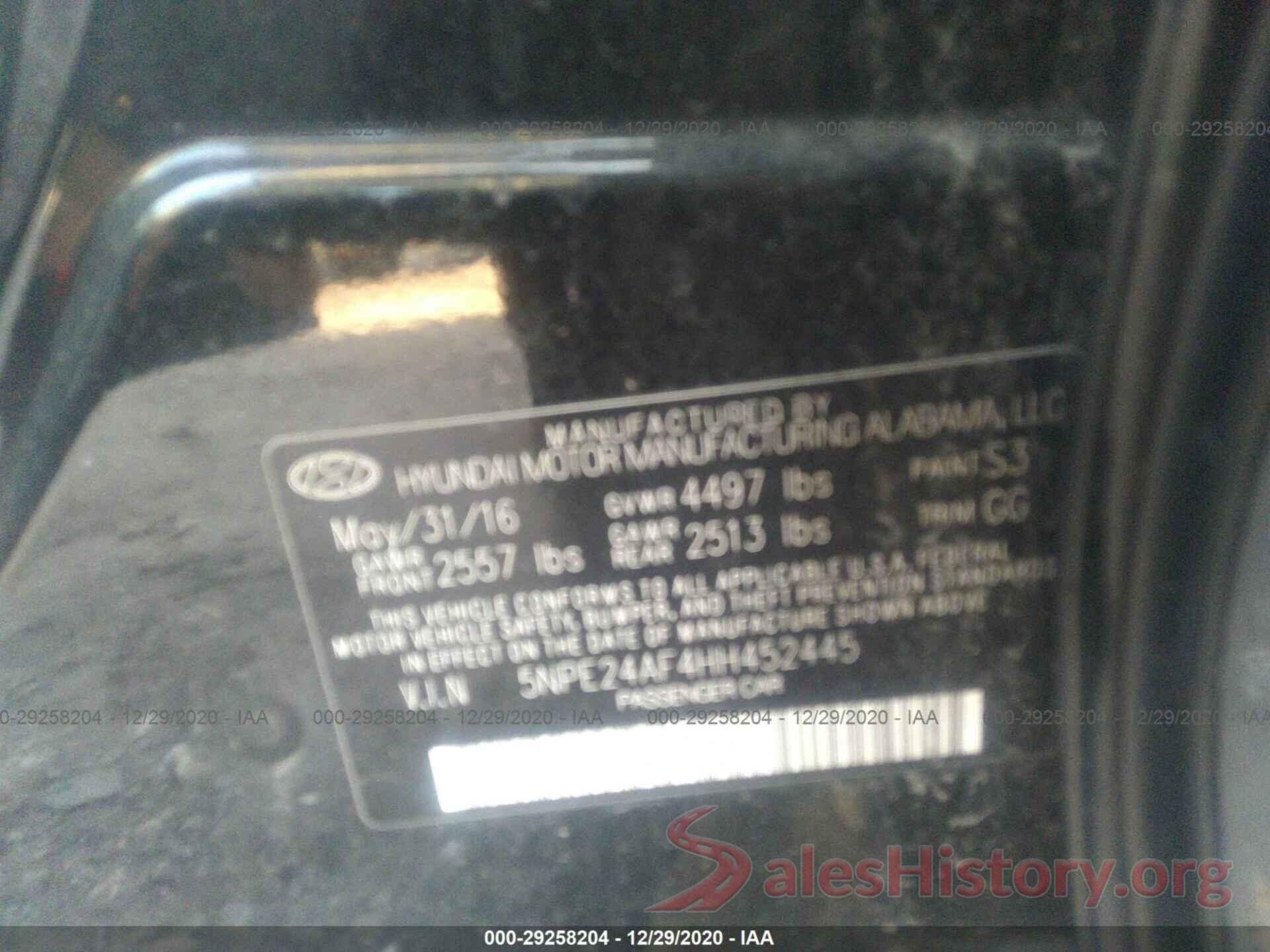 5NPE24AF4HH452445 2017 HYUNDAI SONATA