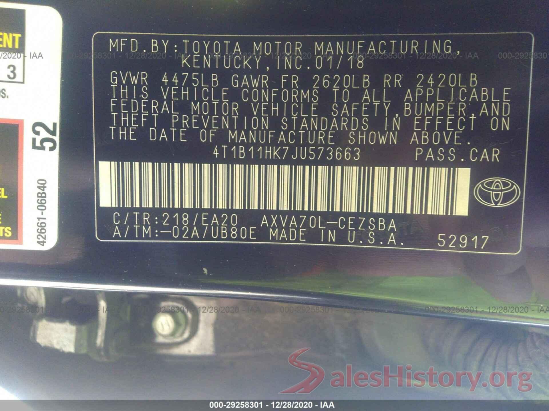 4T1B11HK7JU573663 2018 TOYOTA CAMRY