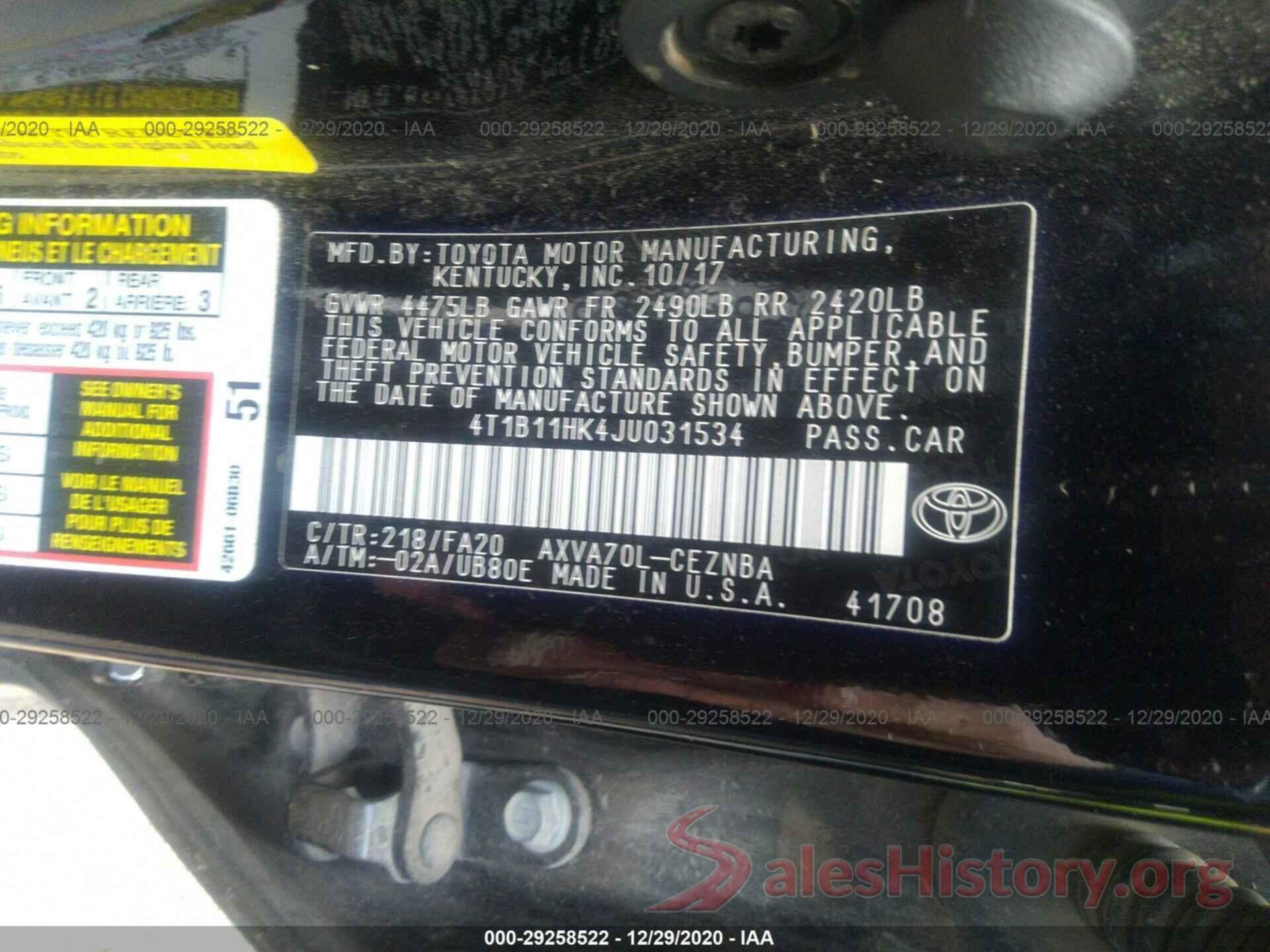 4T1B11HK4JU031534 2018 TOYOTA CAMRY