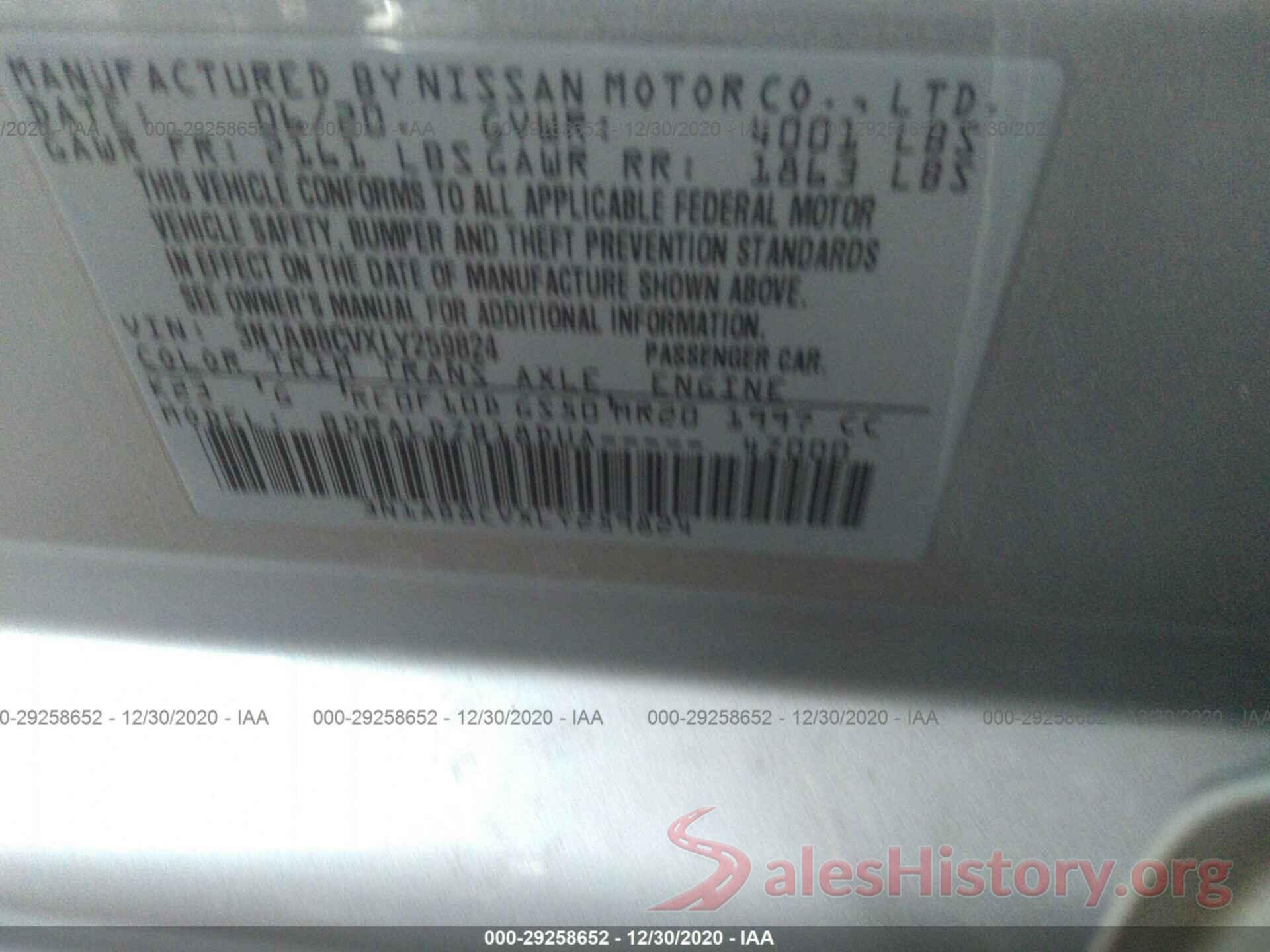 3N1AB8CVXLY259824 2020 NISSAN SENTRA