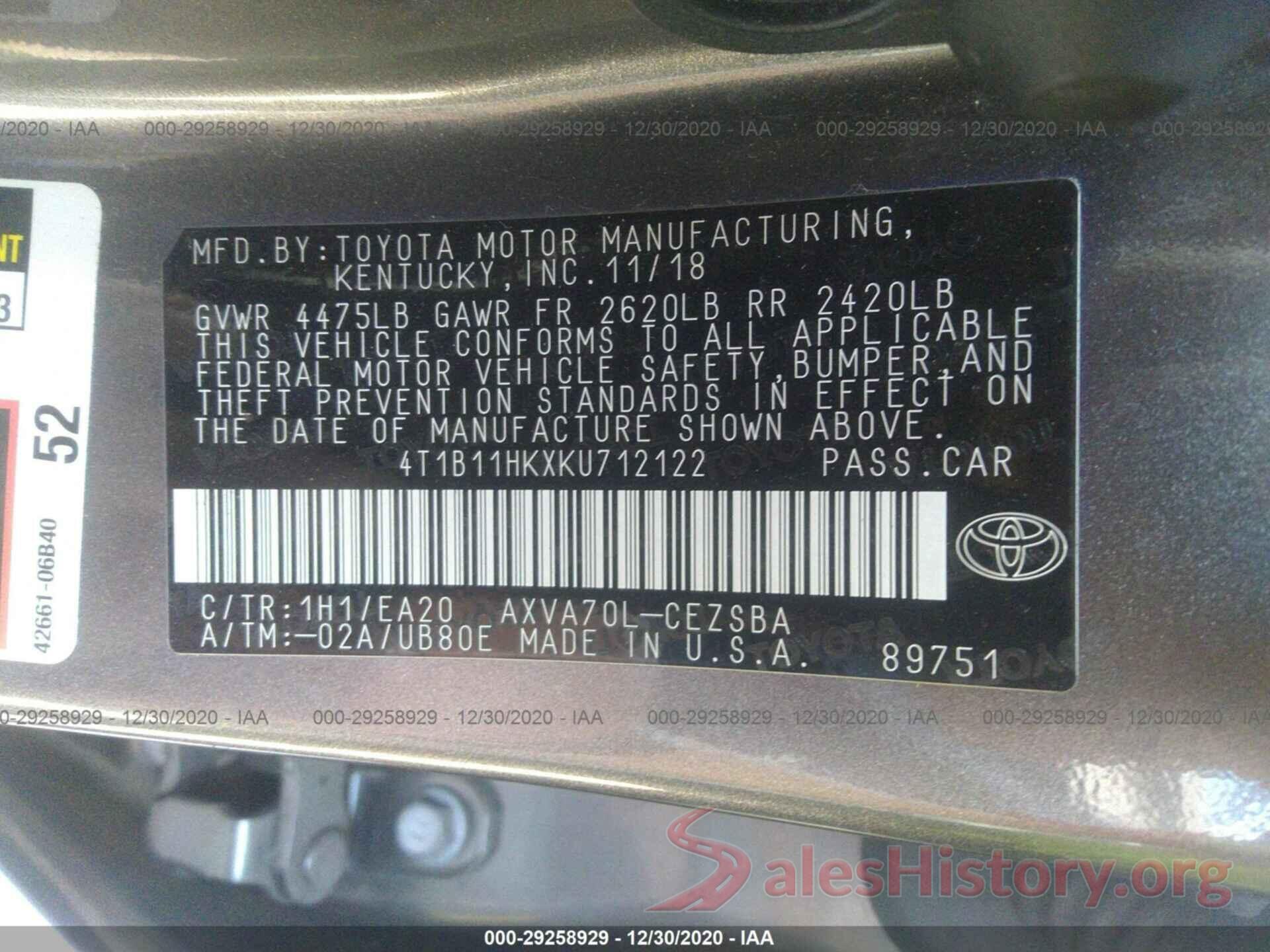 4T1B11HKXKU712122 2019 TOYOTA CAMRY