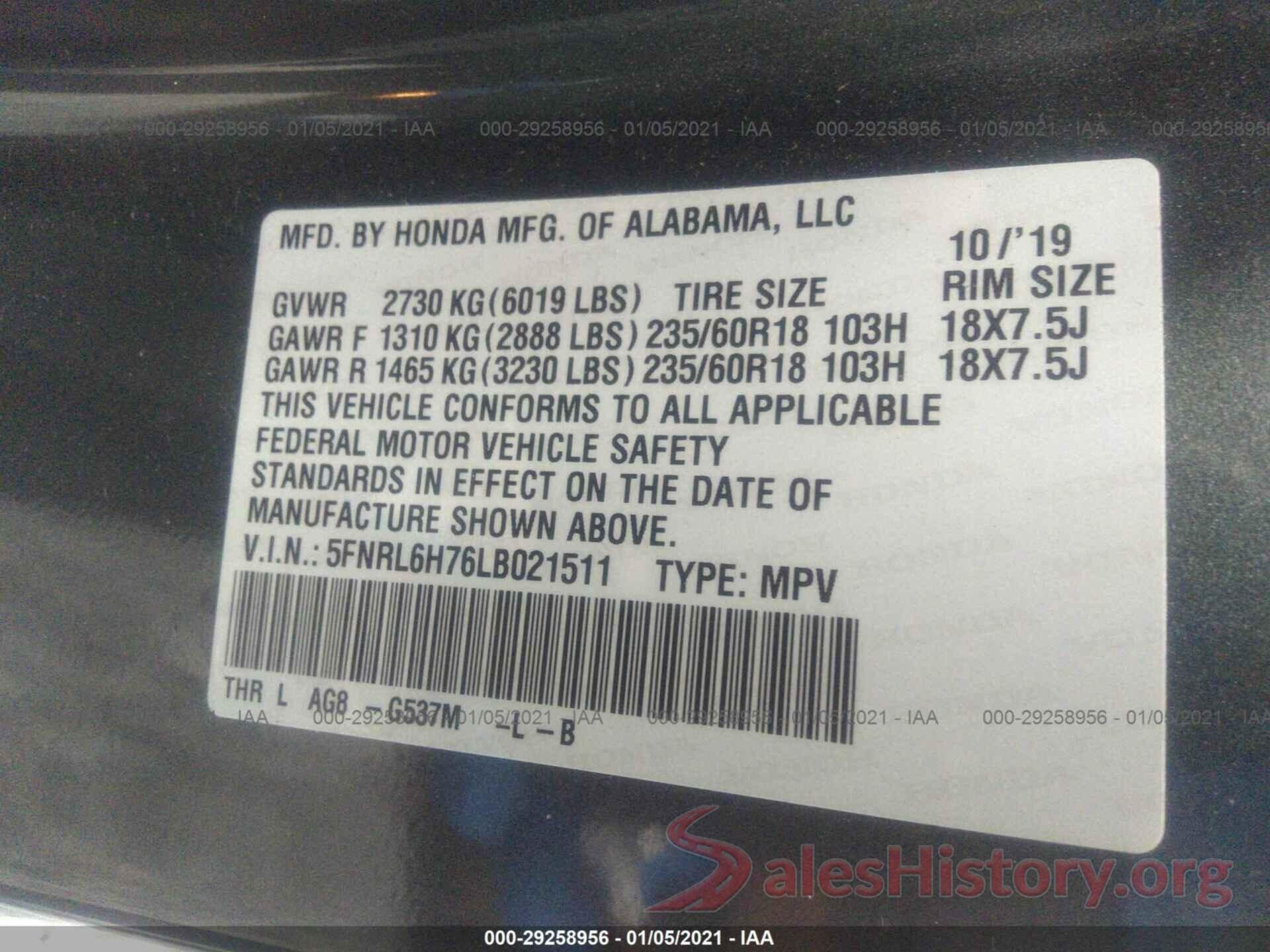 5FNRL6H76LB021511 2020 HONDA ODYSSEY