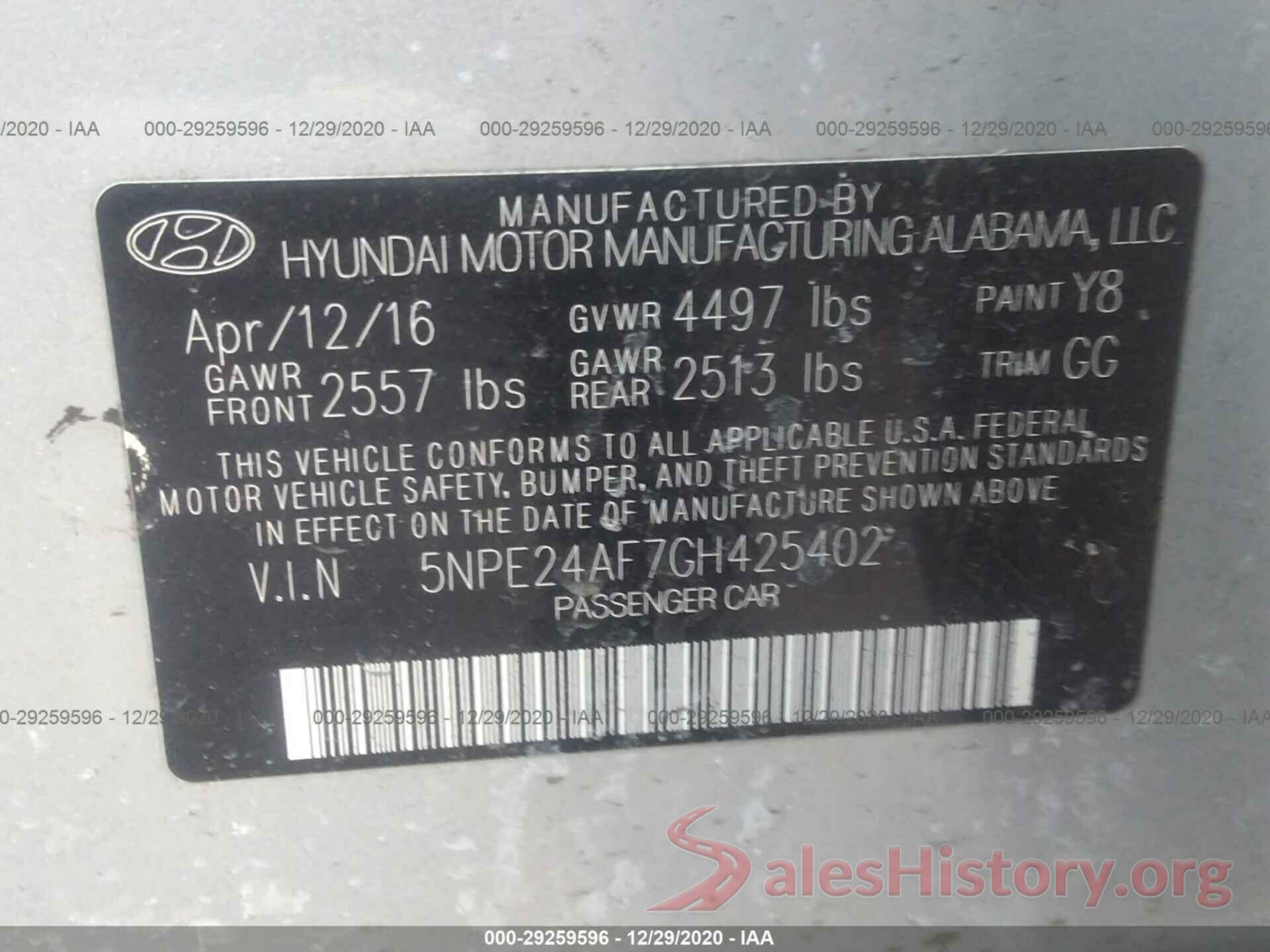 5NPE24AF7GH425402 2016 HYUNDAI SONATA