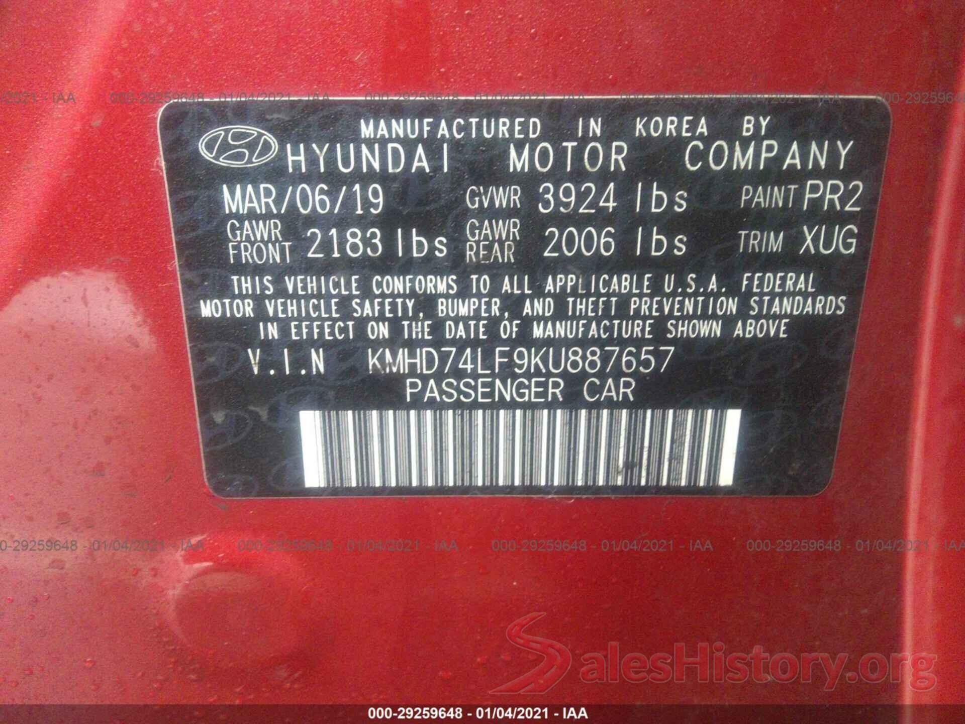 KMHD74LF9KU887657 2019 HYUNDAI ELANTRA