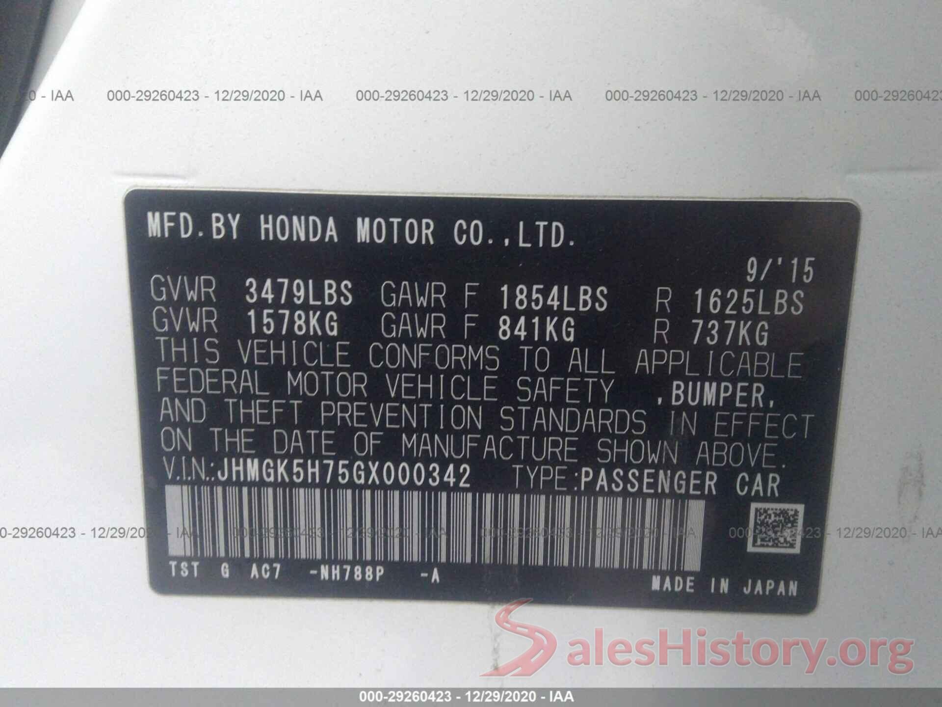 JHMGK5H75GX000342 2016 HONDA FIT