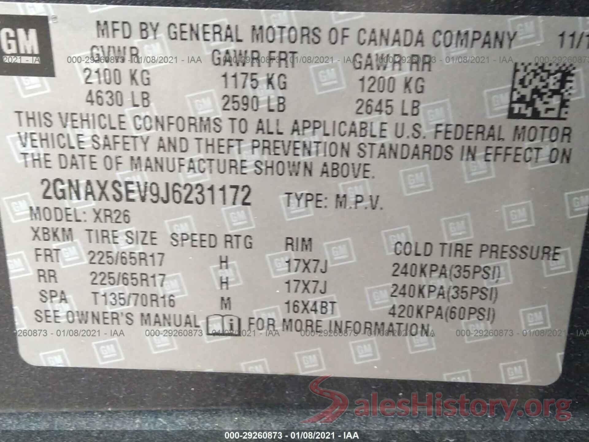 2GNAXSEV9J6231172 2018 CHEVROLET EQUINOX