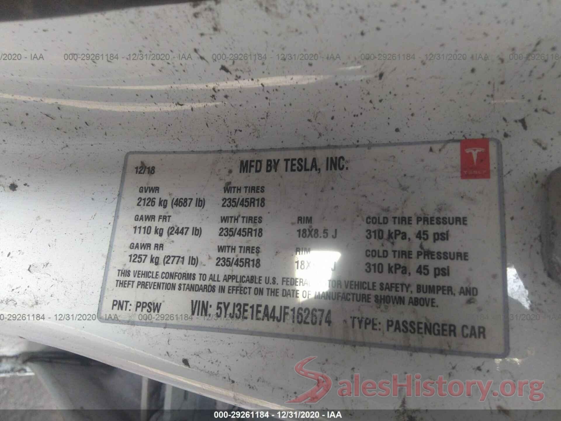 5YJ3E1EA4JF162674 2018 TESLA MODEL 3