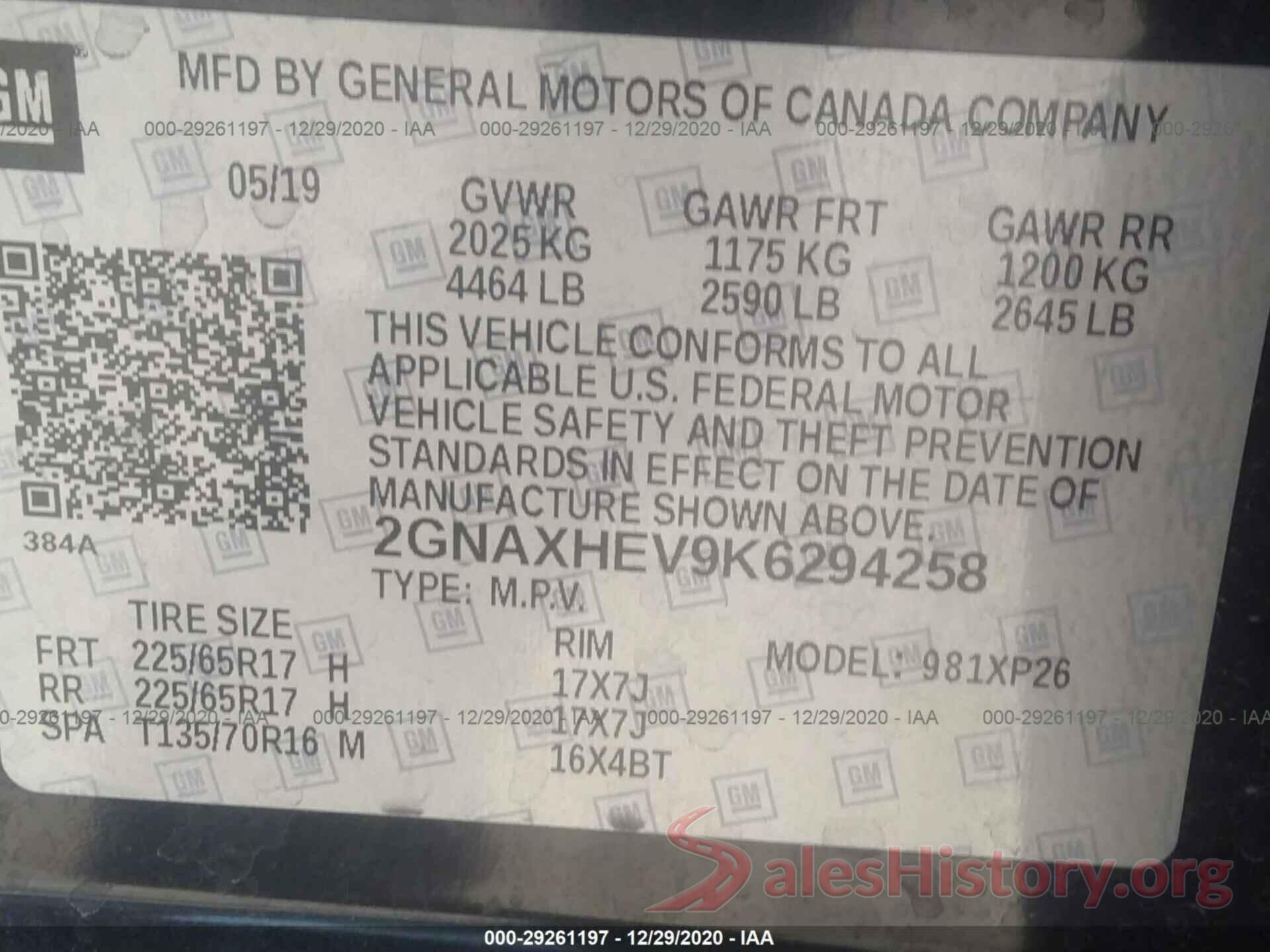 2GNAXHEV9K6294258 2019 CHEVROLET EQUINOX