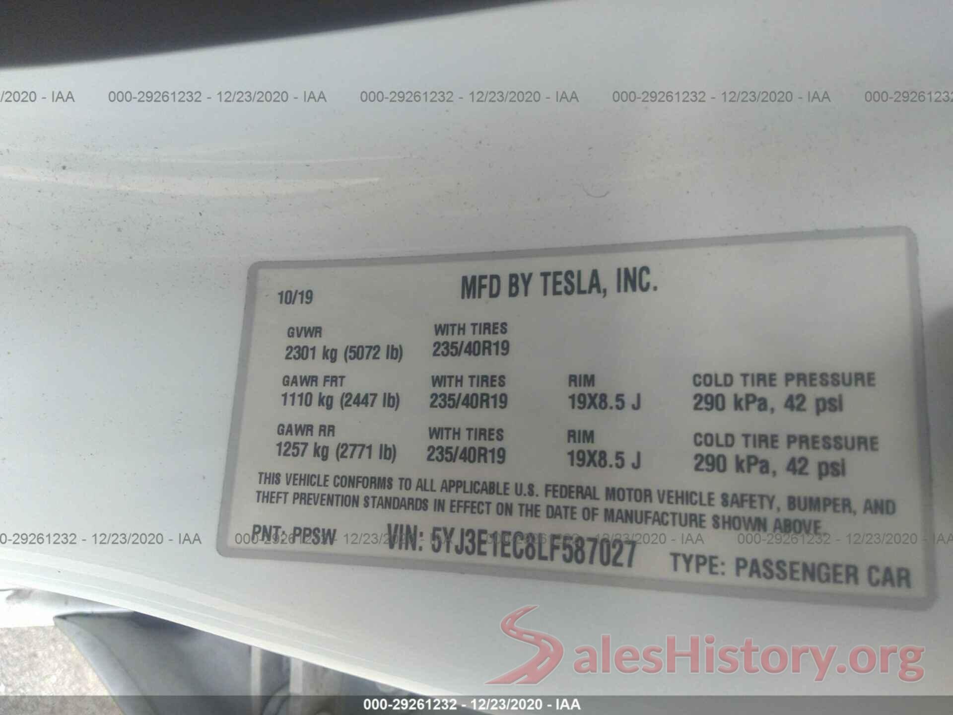 5YJ3E1EC8LF587027 2020 TESLA MODEL 3