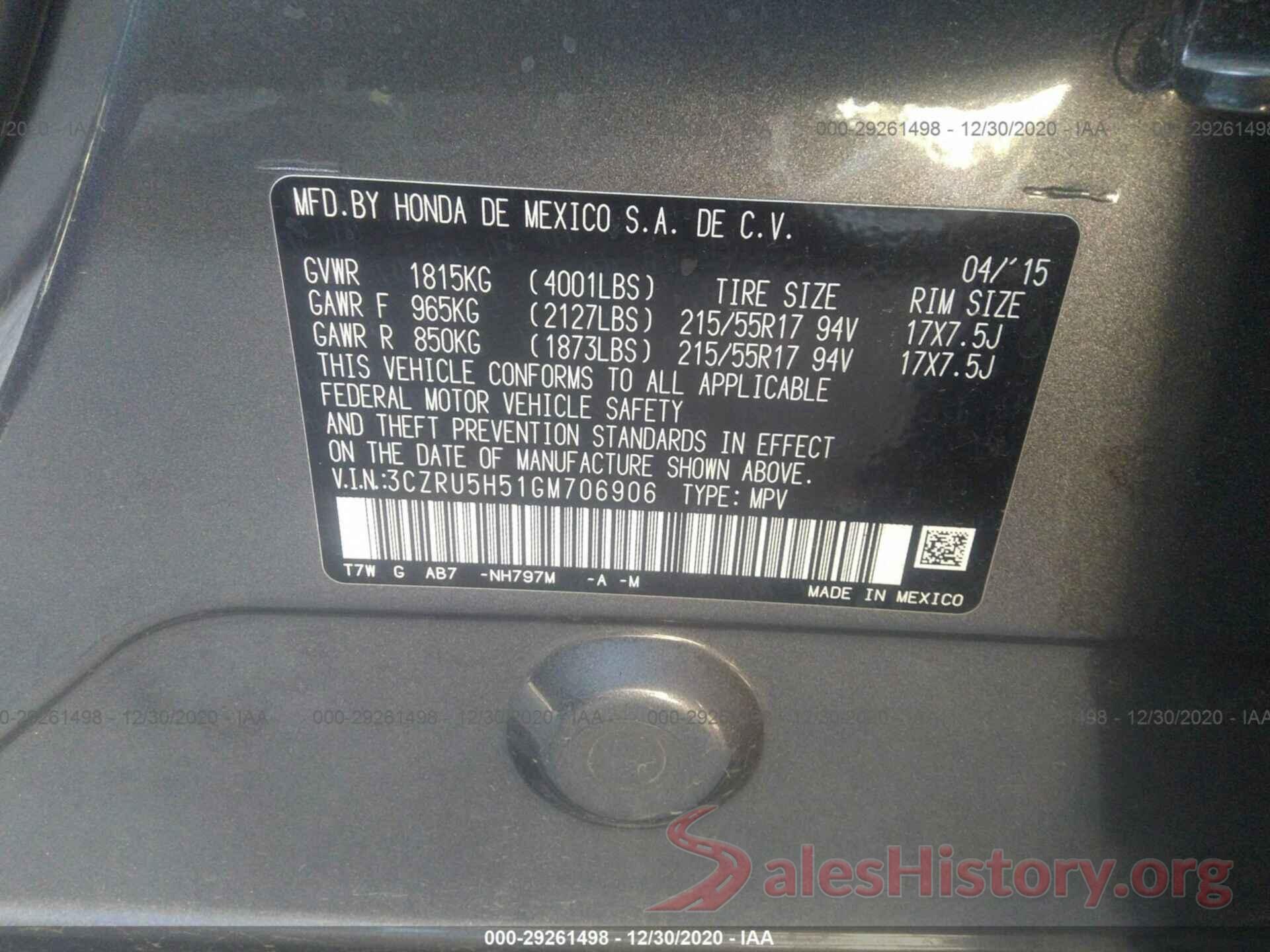 3CZRU5H51GM706906 2016 HONDA HR-V