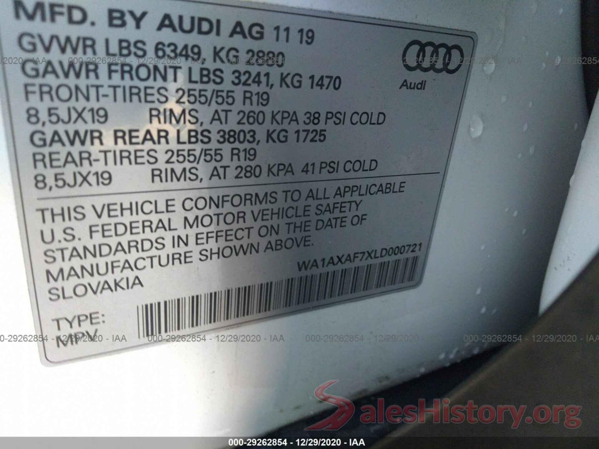 WA1AXAF7XLD000721 2020 AUDI Q7