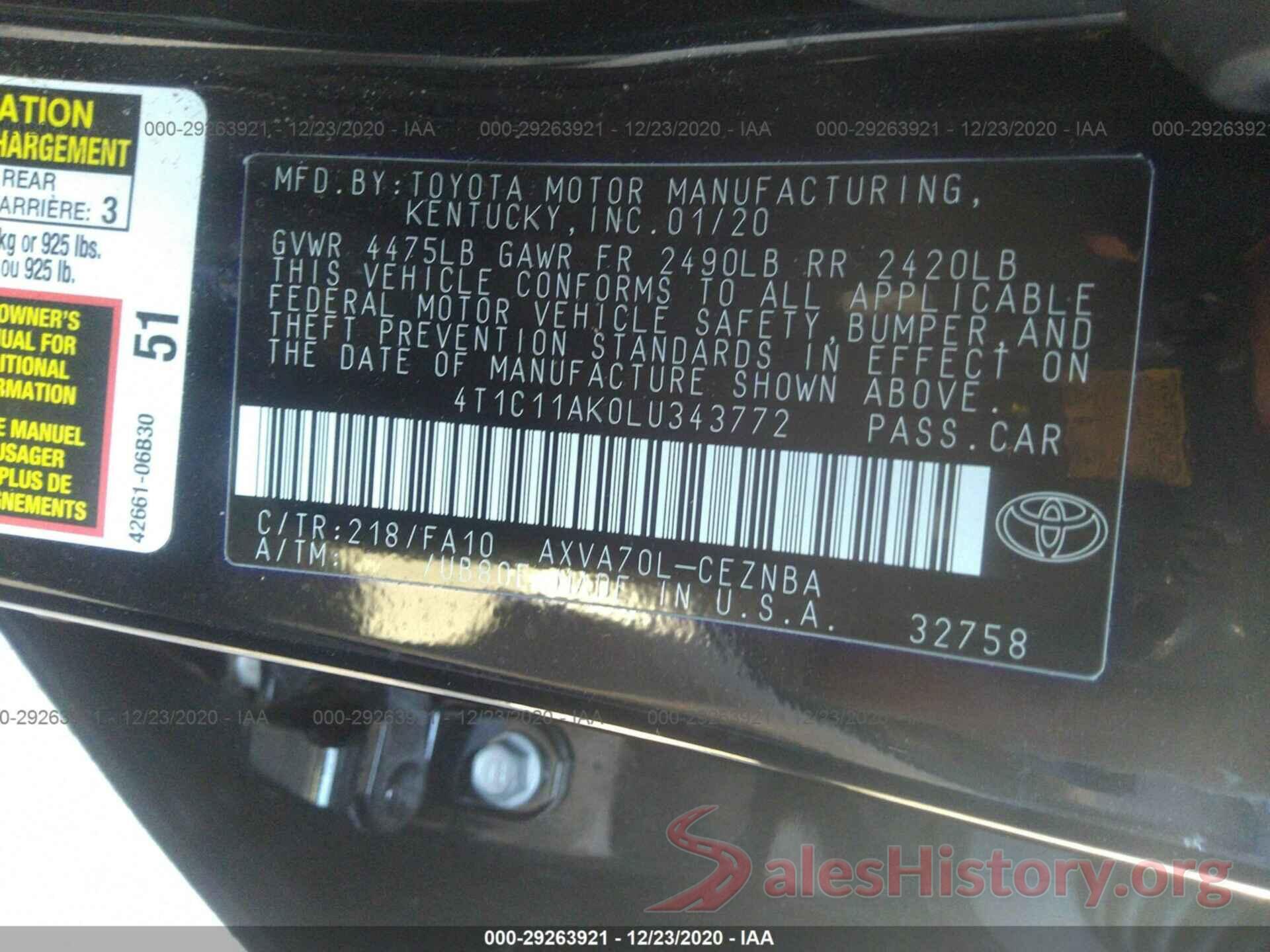 4T1C11AK0LU343772 2020 TOYOTA CAMRY