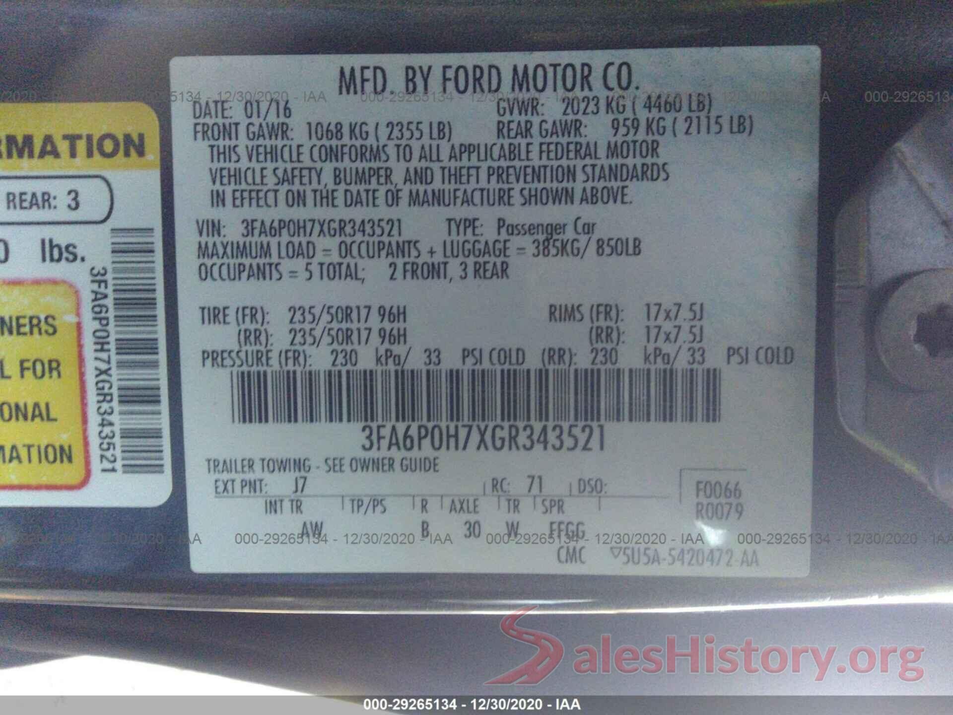 3FA6P0H7XGR343521 2016 FORD FUSION