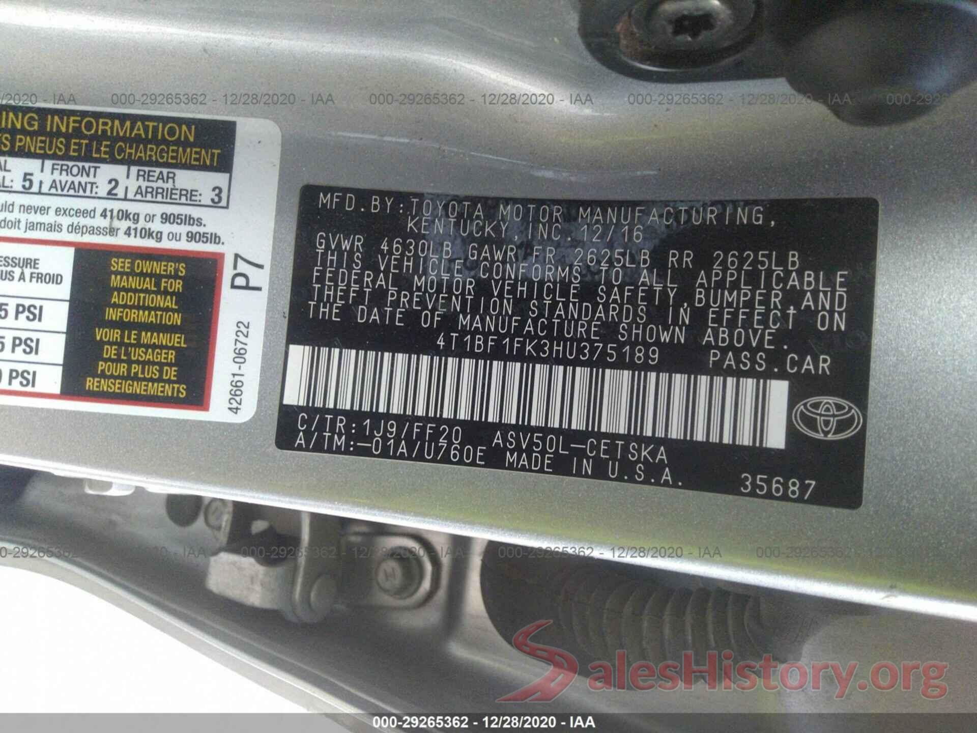 4T1BF1FK3HU375189 2017 TOYOTA CAMRY