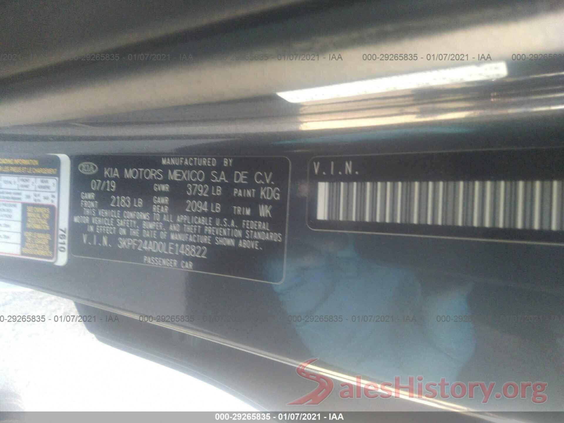 3KPF24AD0LE148822 2020 KIA FORTE