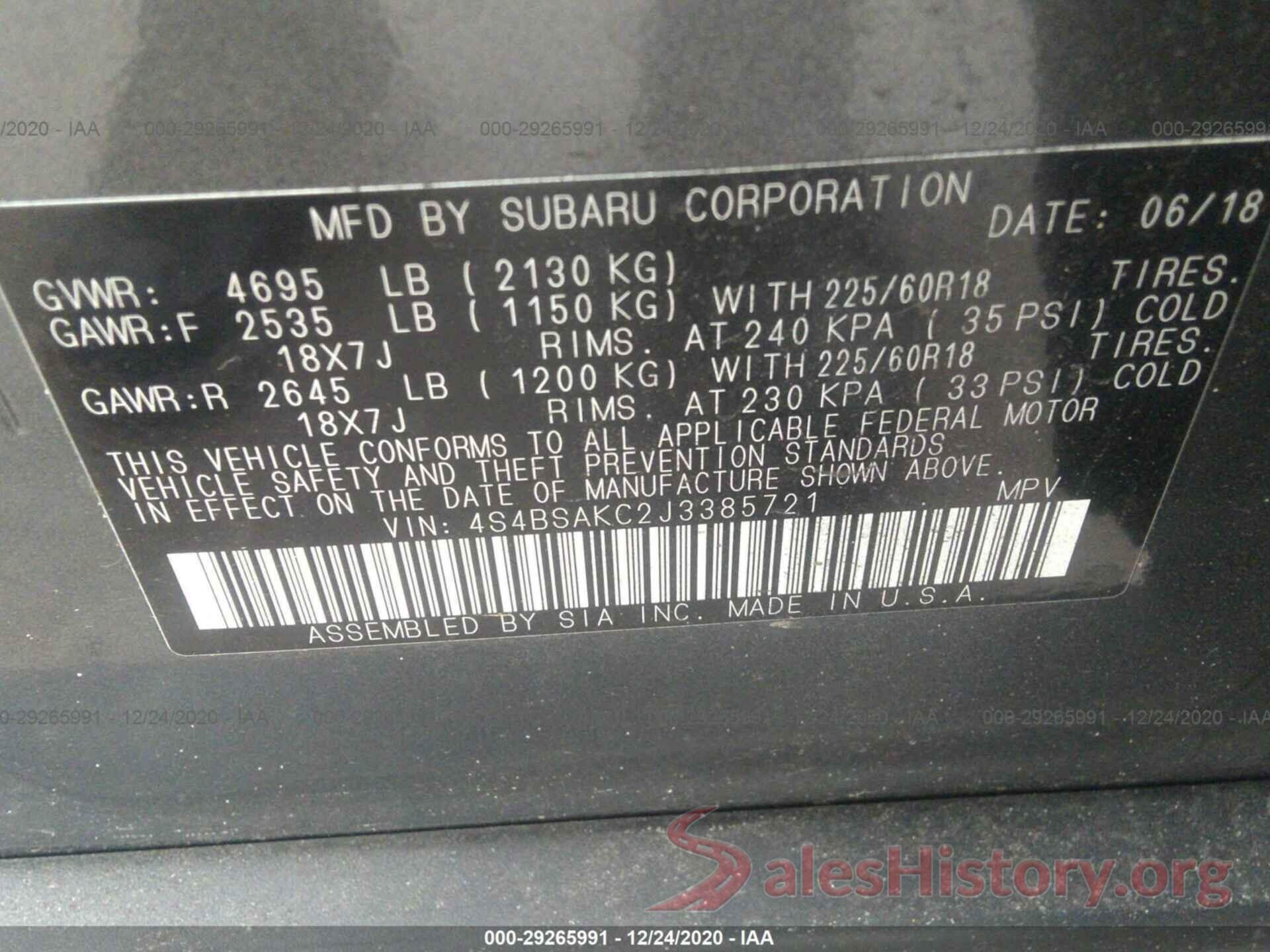 4S4BSAKC2J3385721 2018 SUBARU OUTBACK