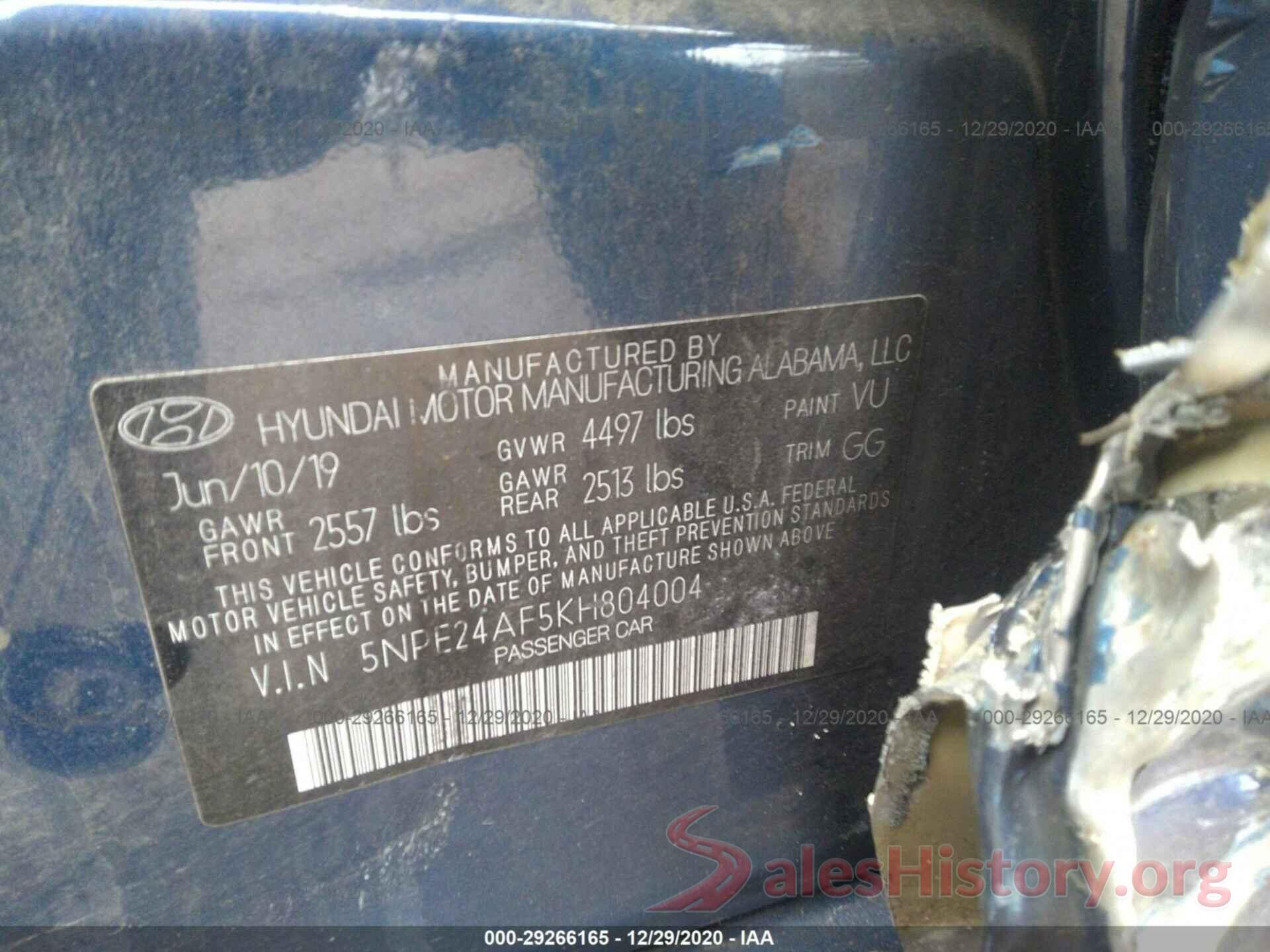 5NPE24AF5KH804004 2019 HYUNDAI SONATA