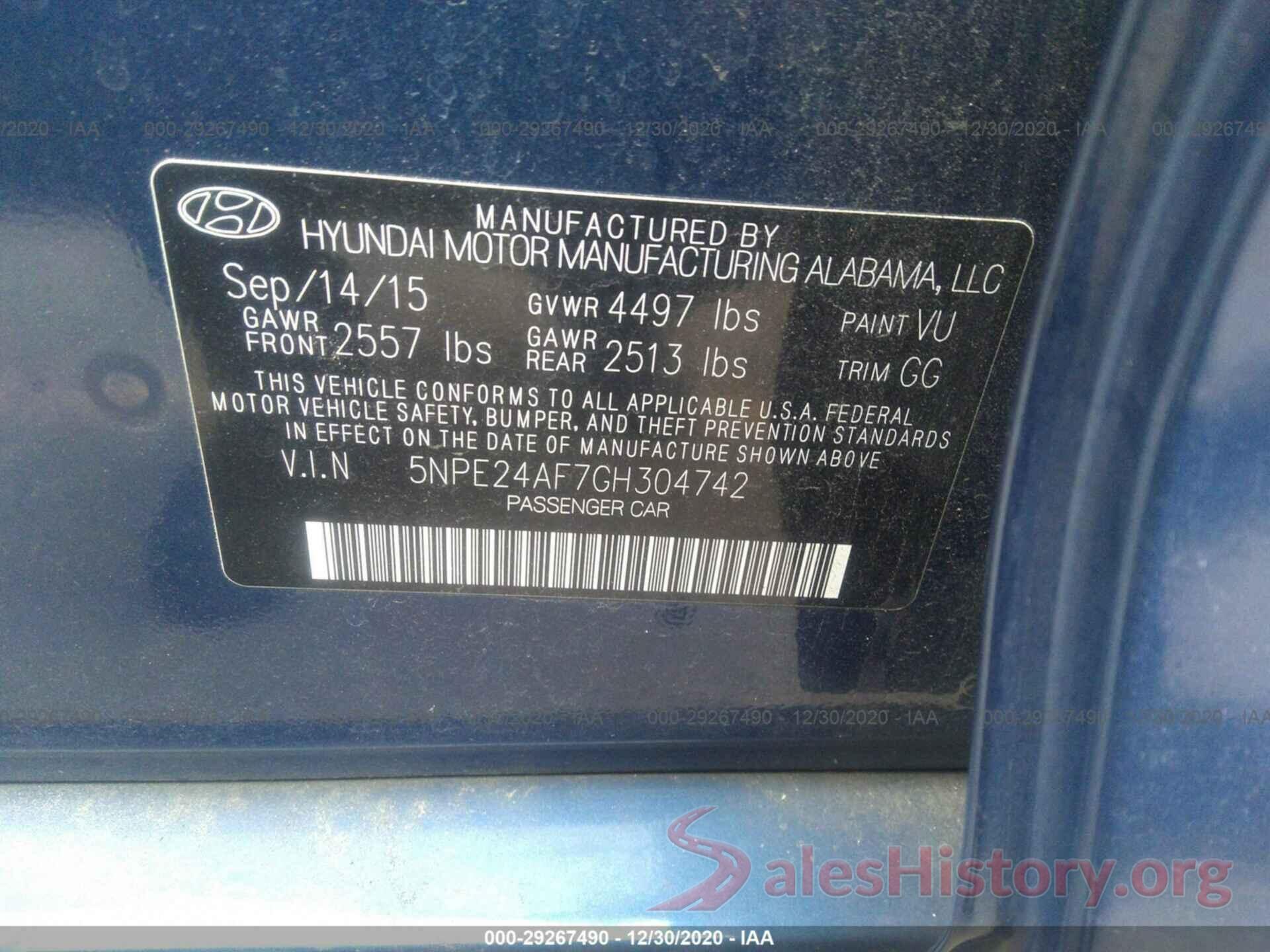 5NPE24AF7GH304742 2016 HYUNDAI SONATA