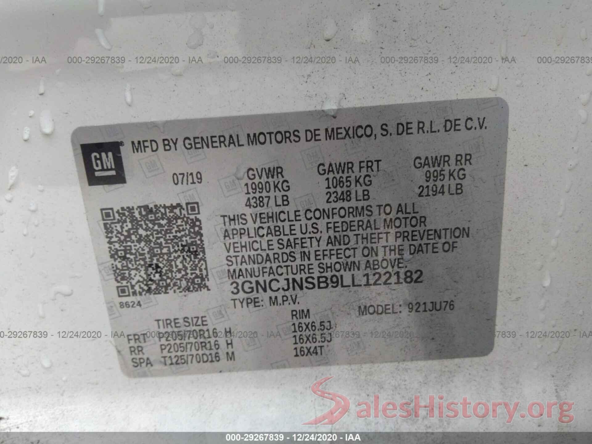 3GNCJNSB9LL122182 2020 CHEVROLET TRAX