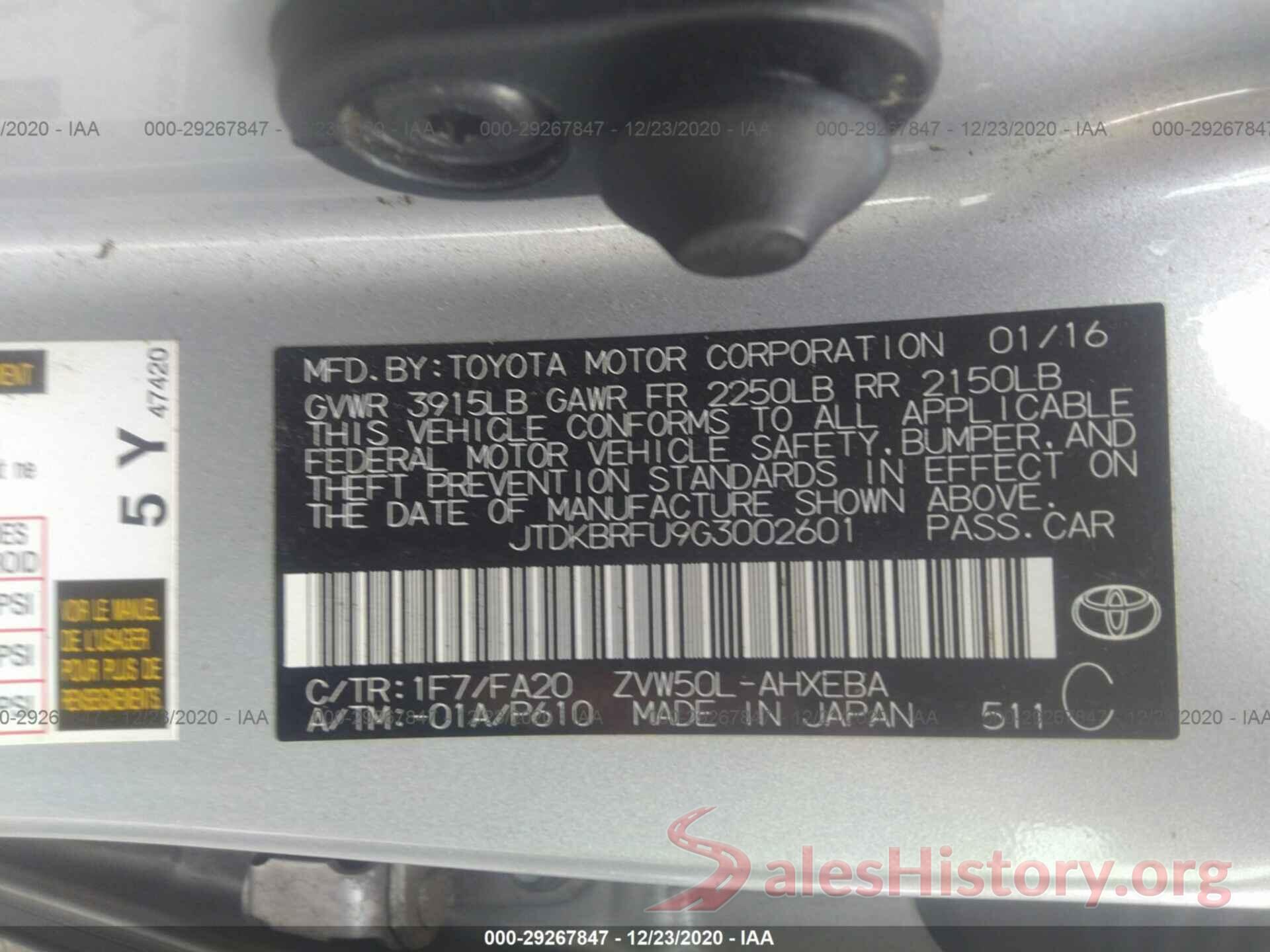 JTDKBRFU9G3002601 2016 TOYOTA PRIUS