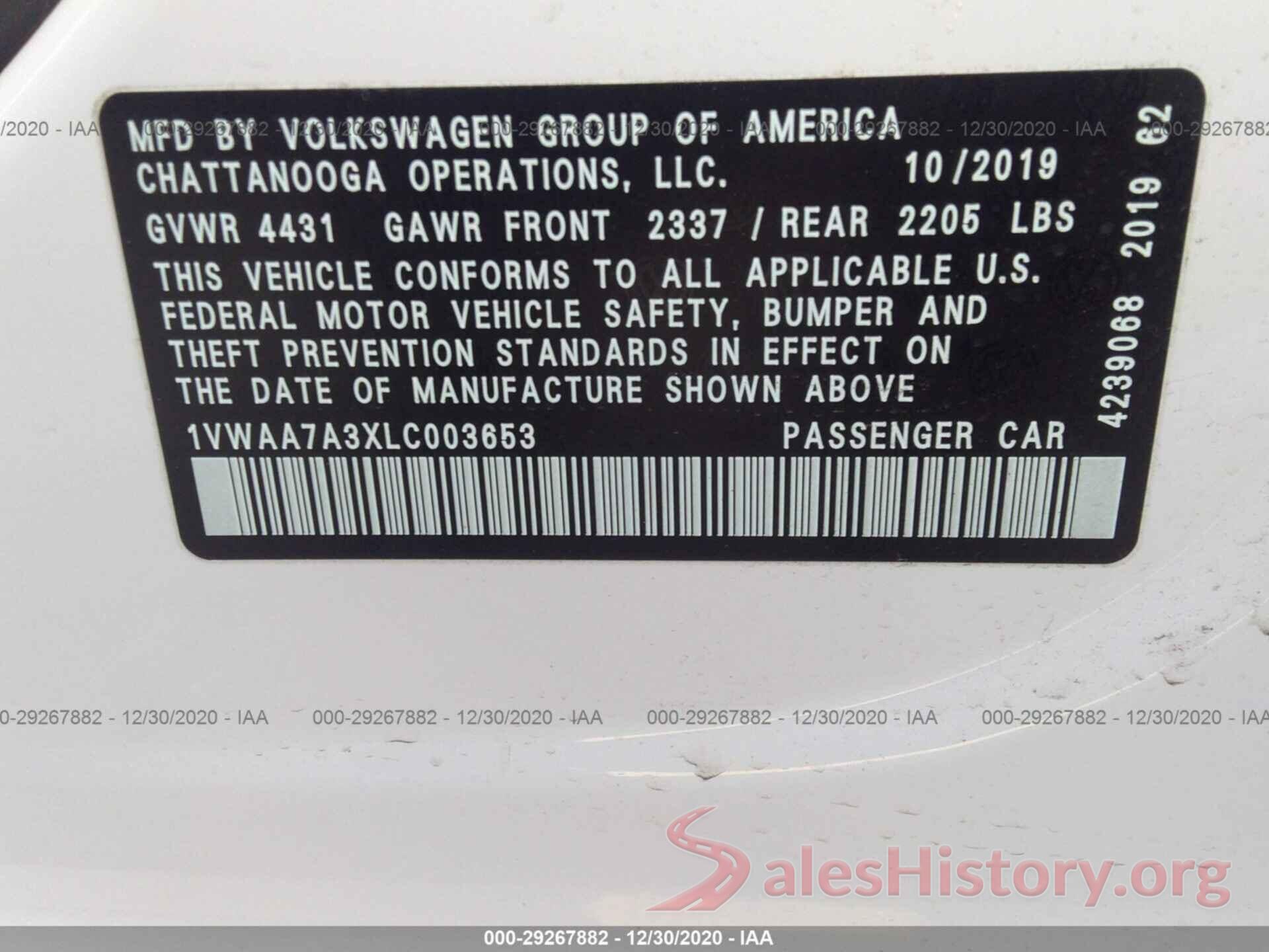 1VWAA7A3XLC003653 2020 VOLKSWAGEN PASSAT