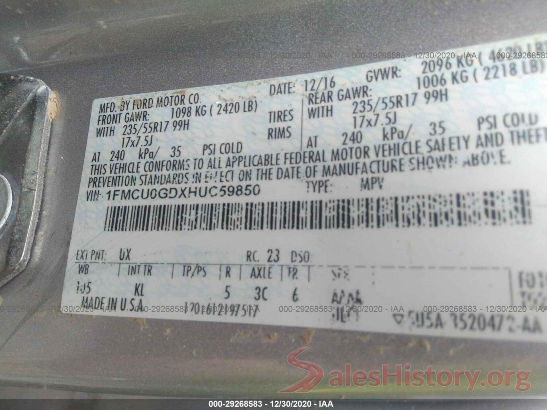 1FMCU0GDXHUC59850 2017 FORD ESCAPE