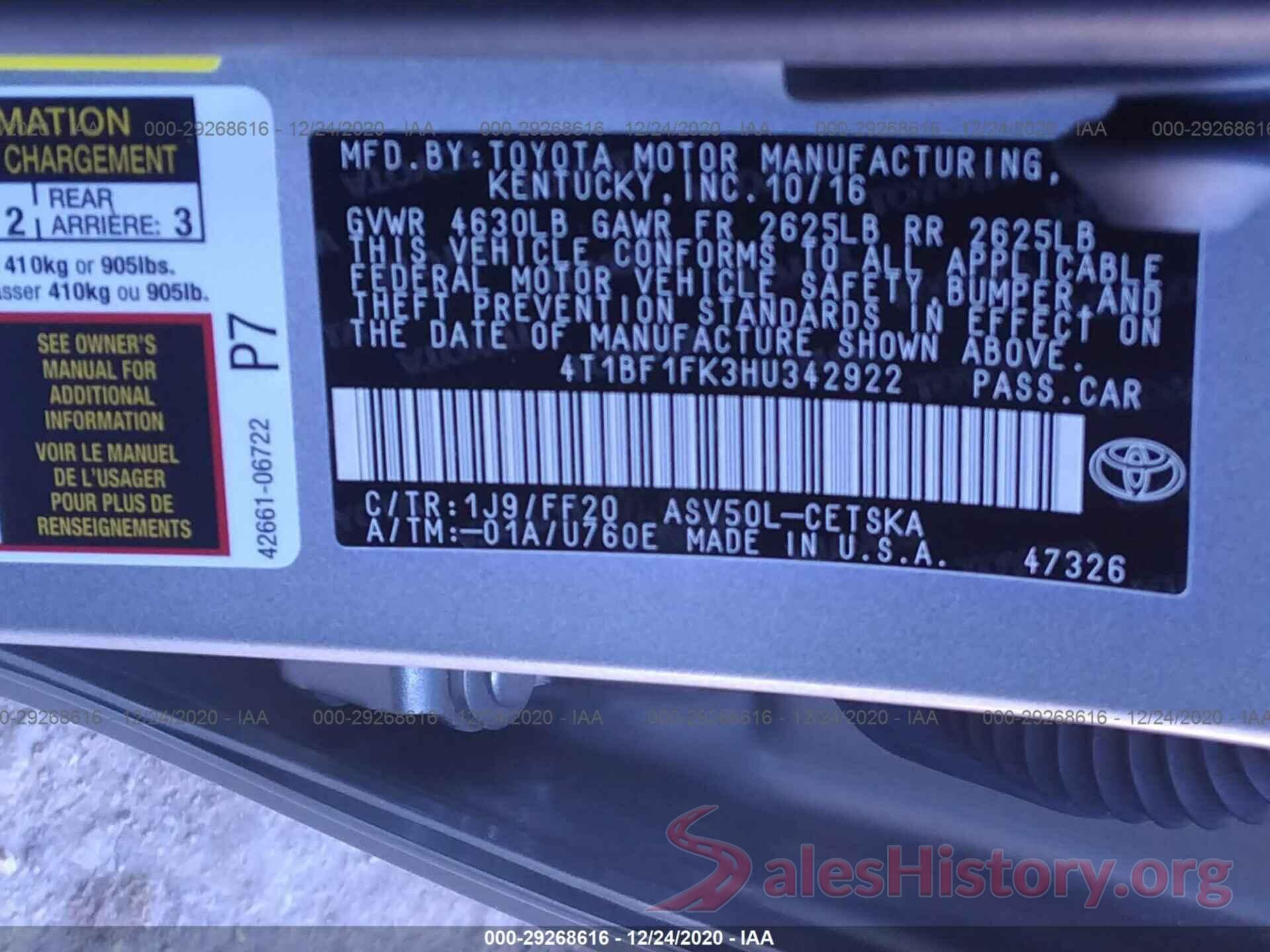 4T1BF1FK3HU342922 2017 TOYOTA CAMRY