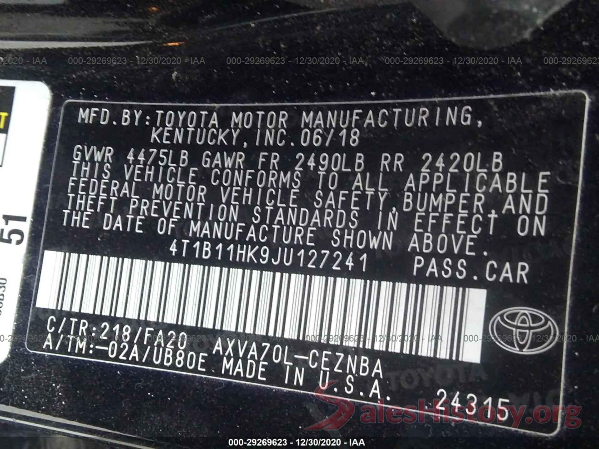 4T1B11HK9JU127241 2018 TOYOTA CAMRY