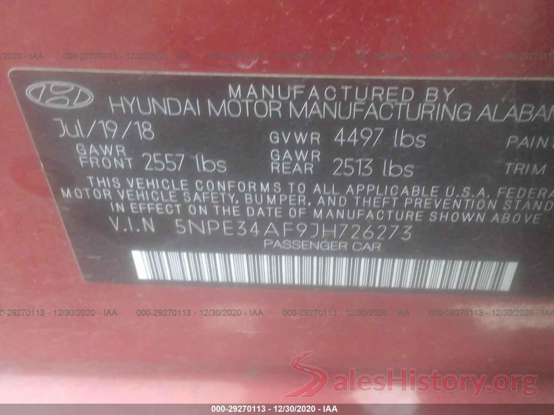 5NPE34AF9JH726273 2018 HYUNDAI SONATA