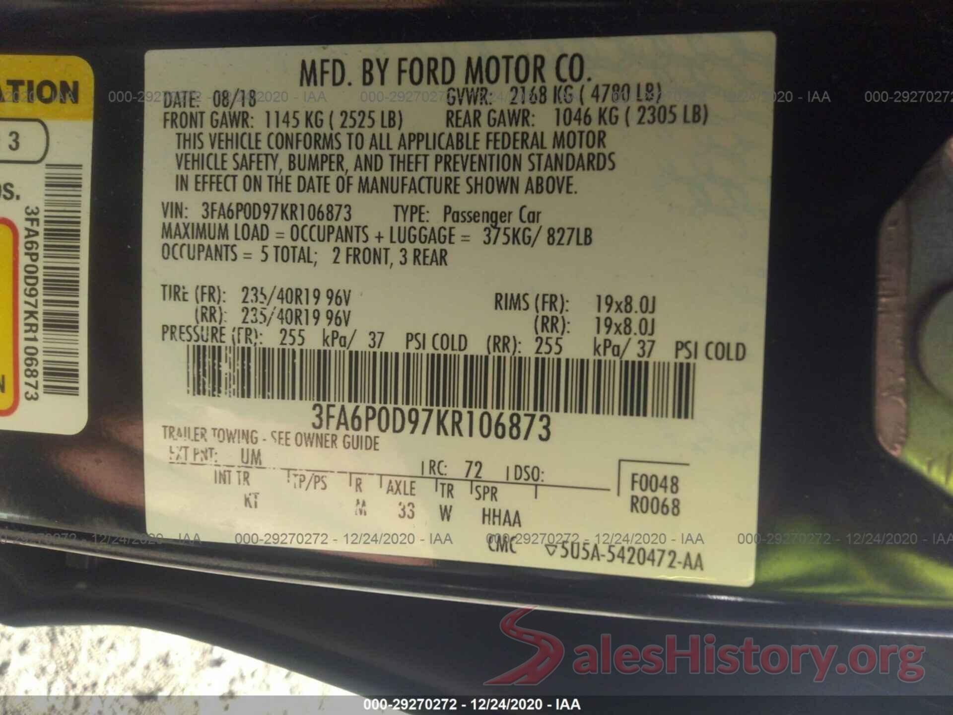 3FA6P0D97KR106873 2019 FORD FUSION