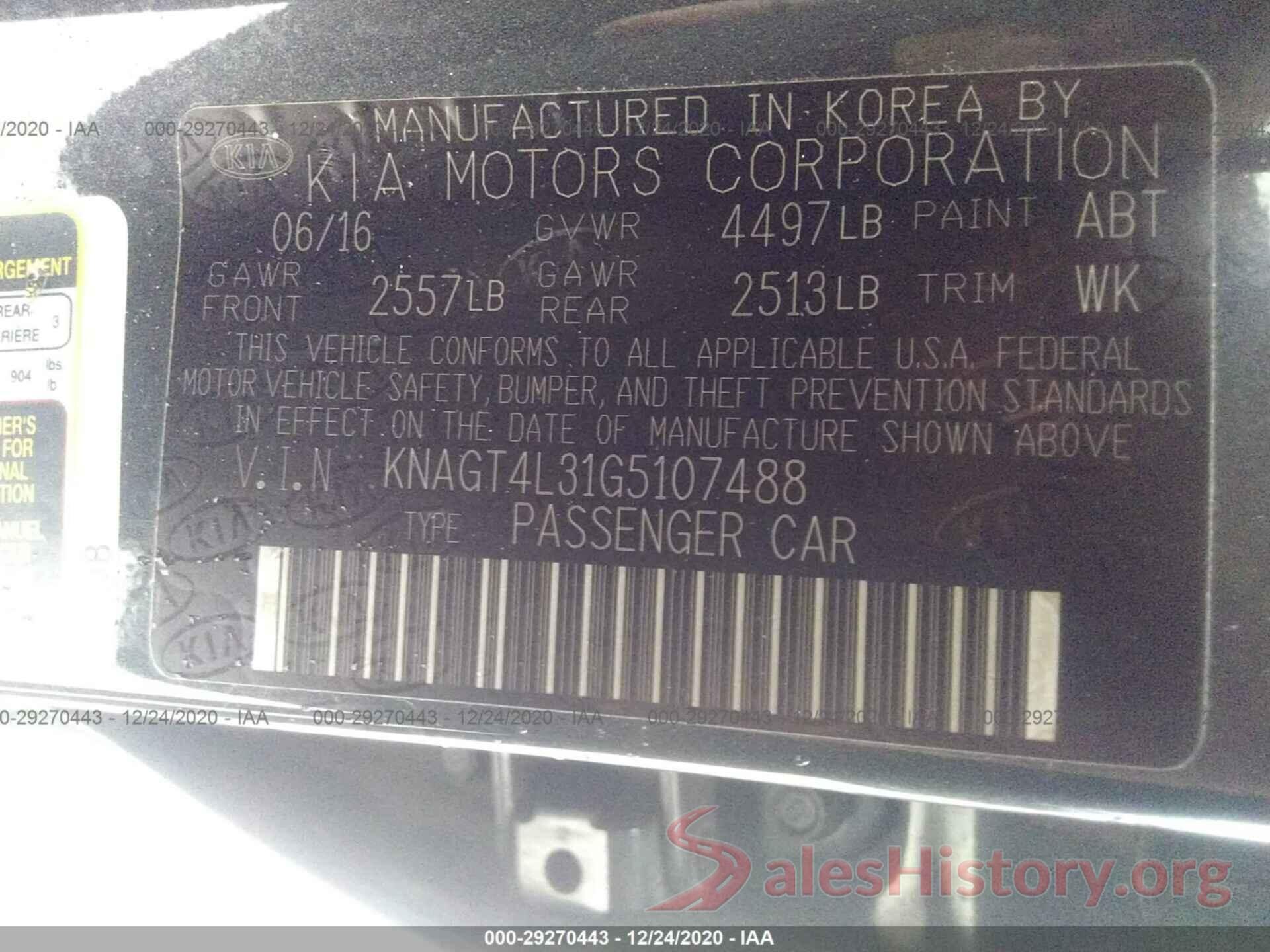 KNAGT4L31G5107488 2016 KIA OPTIMA