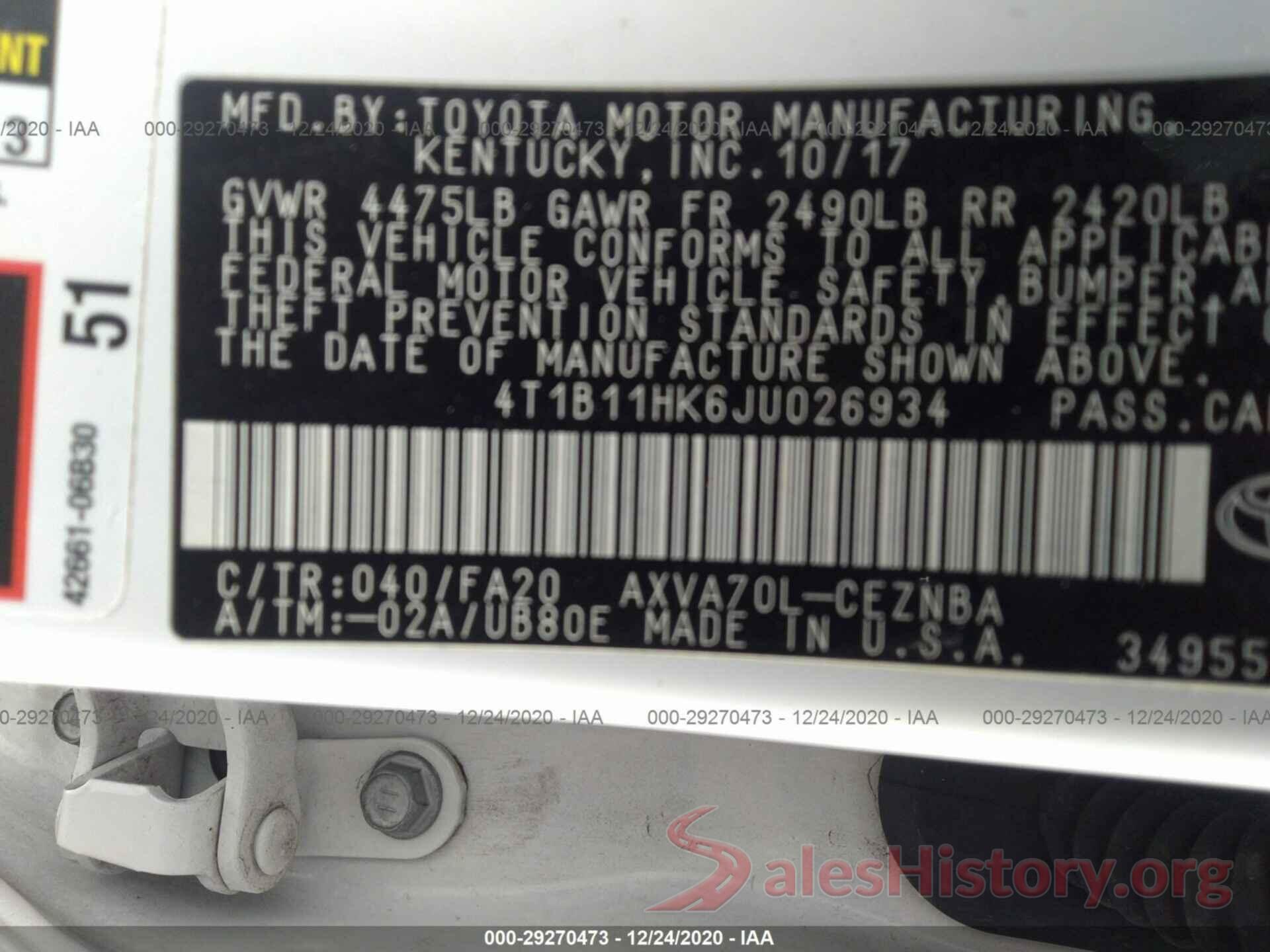 4T1B11HK6JU026934 2018 TOYOTA CAMRY