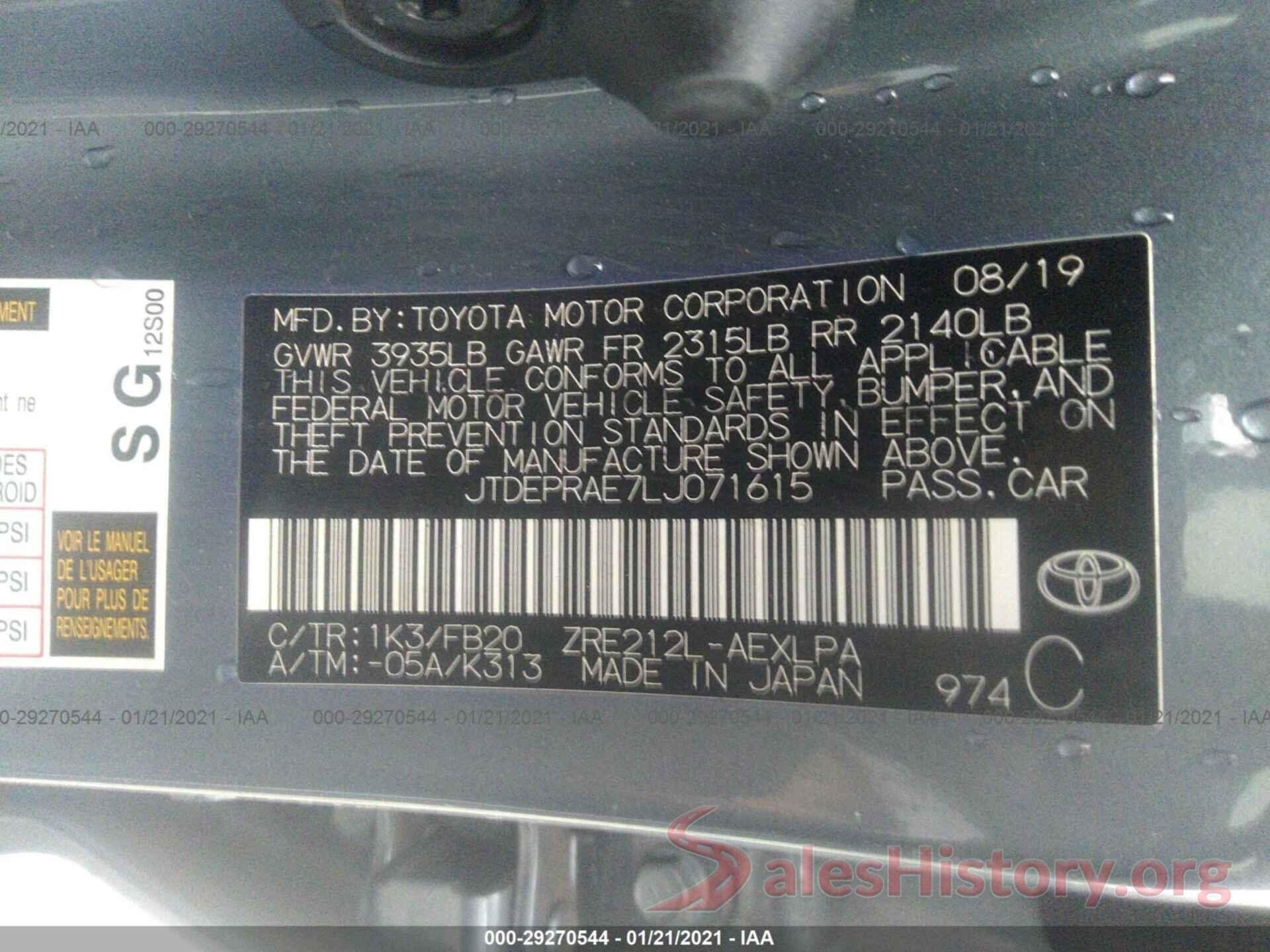 JTDEPRAE7LJ071615 2020 TOYOTA COROLLA