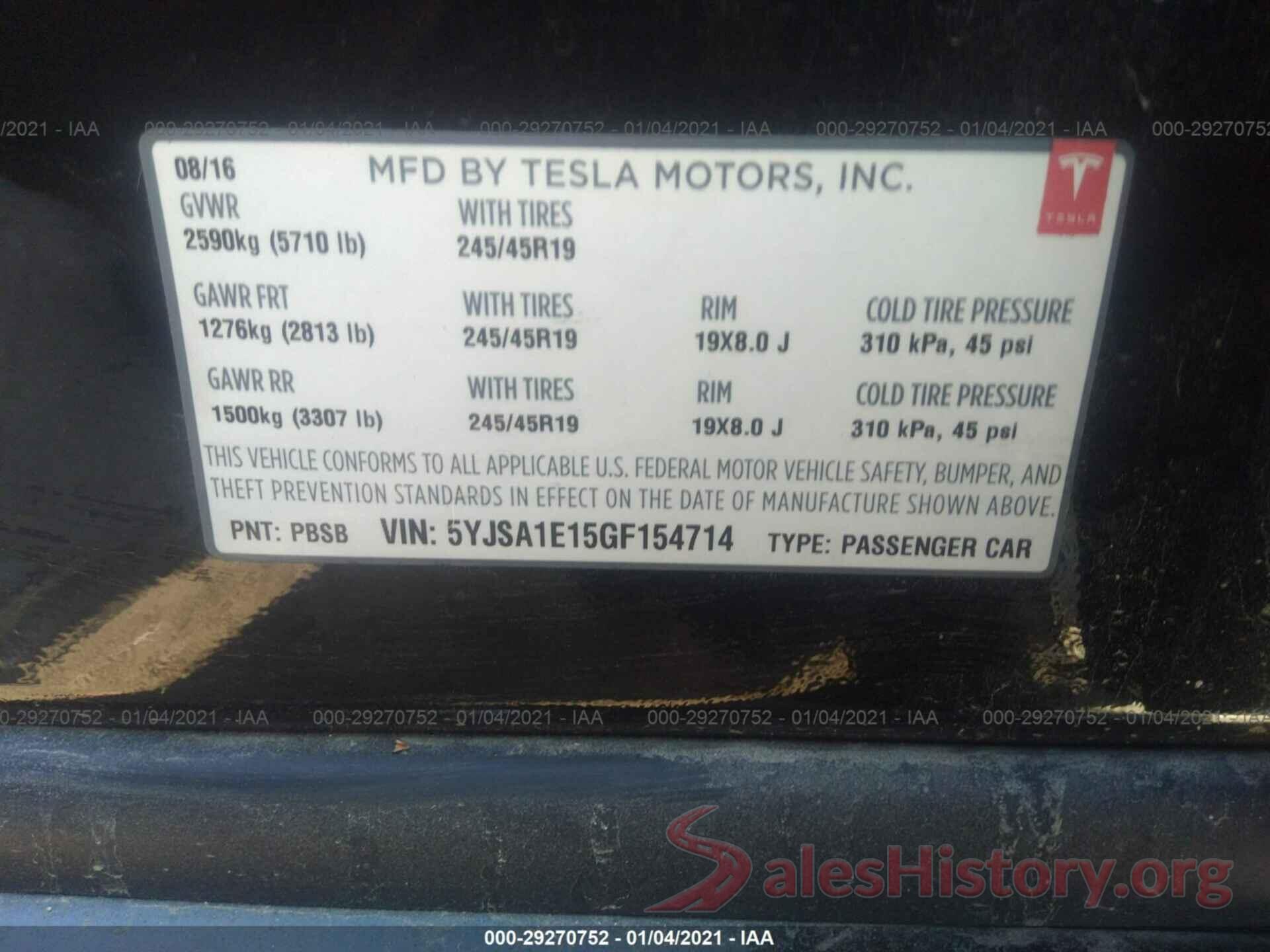 5YJSA1E15GF154714 2016 TESLA MODEL S